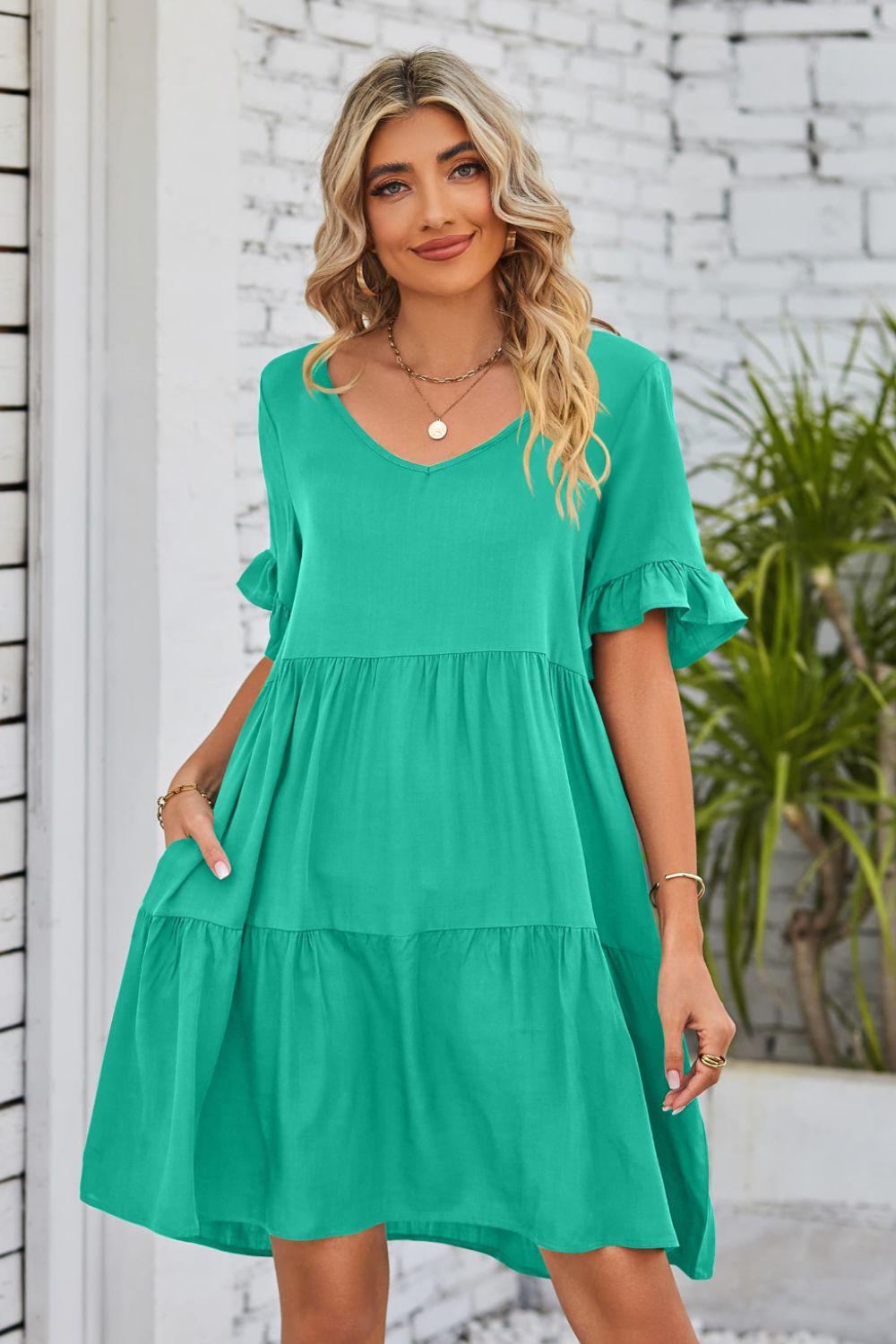 V-Neck Flounce Sleeve Tiered Dress BLUE ZONE PLANET