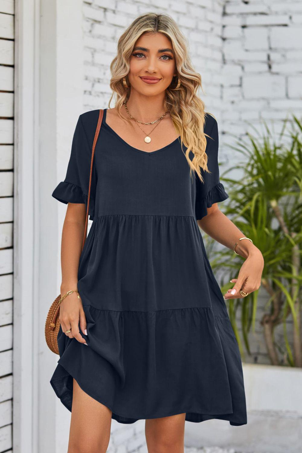 V-Neck Flounce Sleeve Tiered Dress BLUE ZONE PLANET