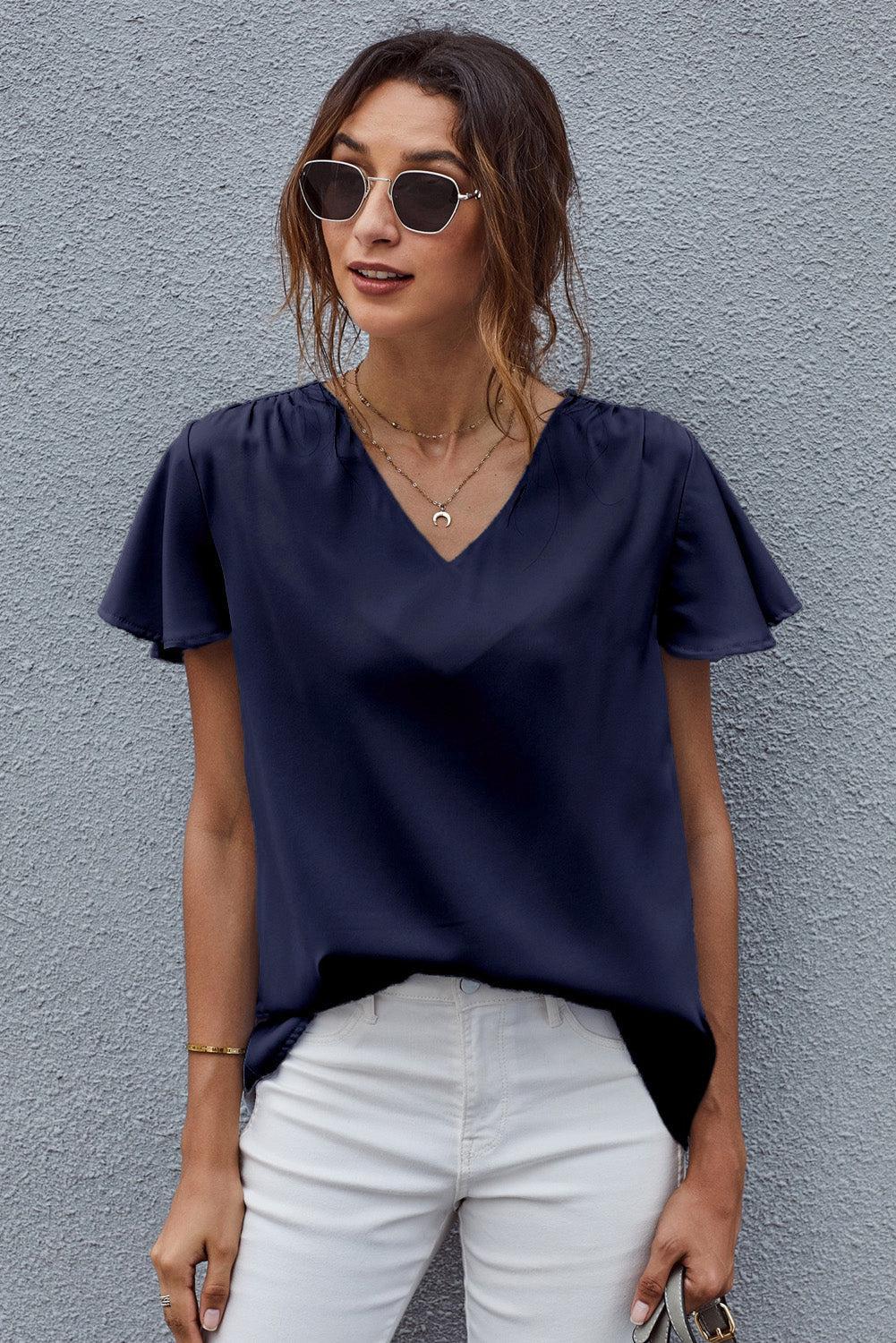 V-Neck Flutter Sleeve Blouse BLUE ZONE PLANET