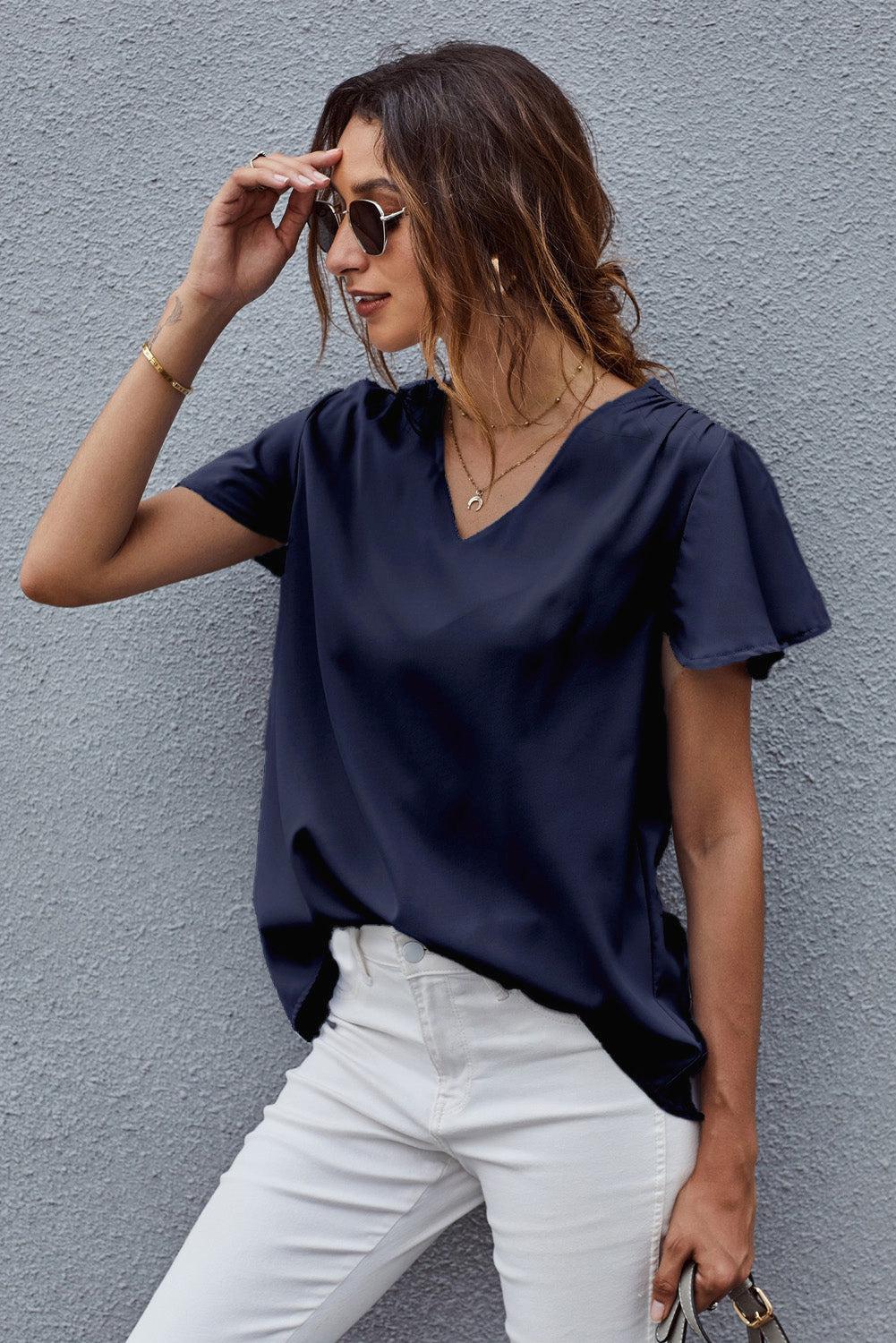 V-Neck Flutter Sleeve Blouse BLUE ZONE PLANET