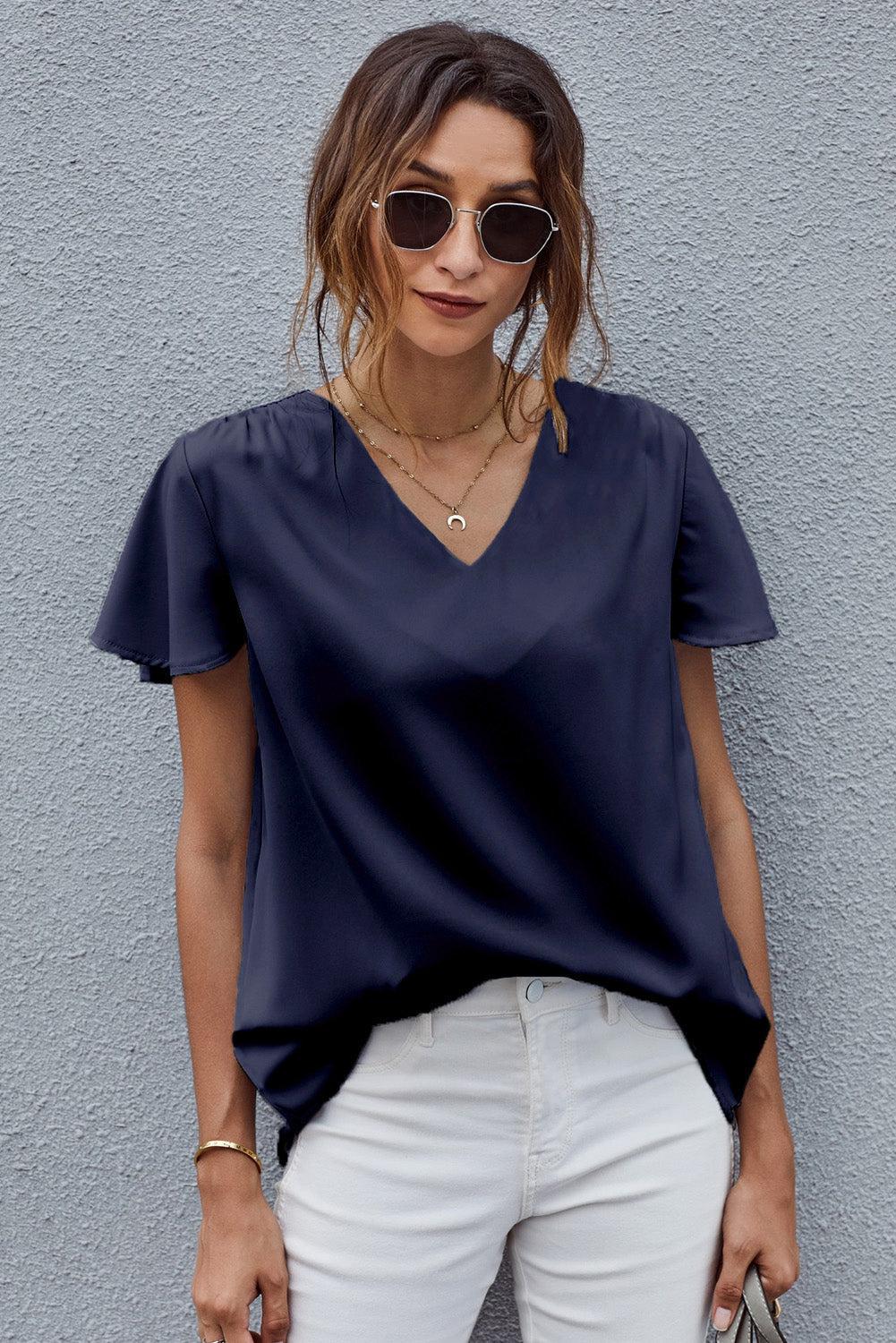 V-Neck Flutter Sleeve Blouse BLUE ZONE PLANET