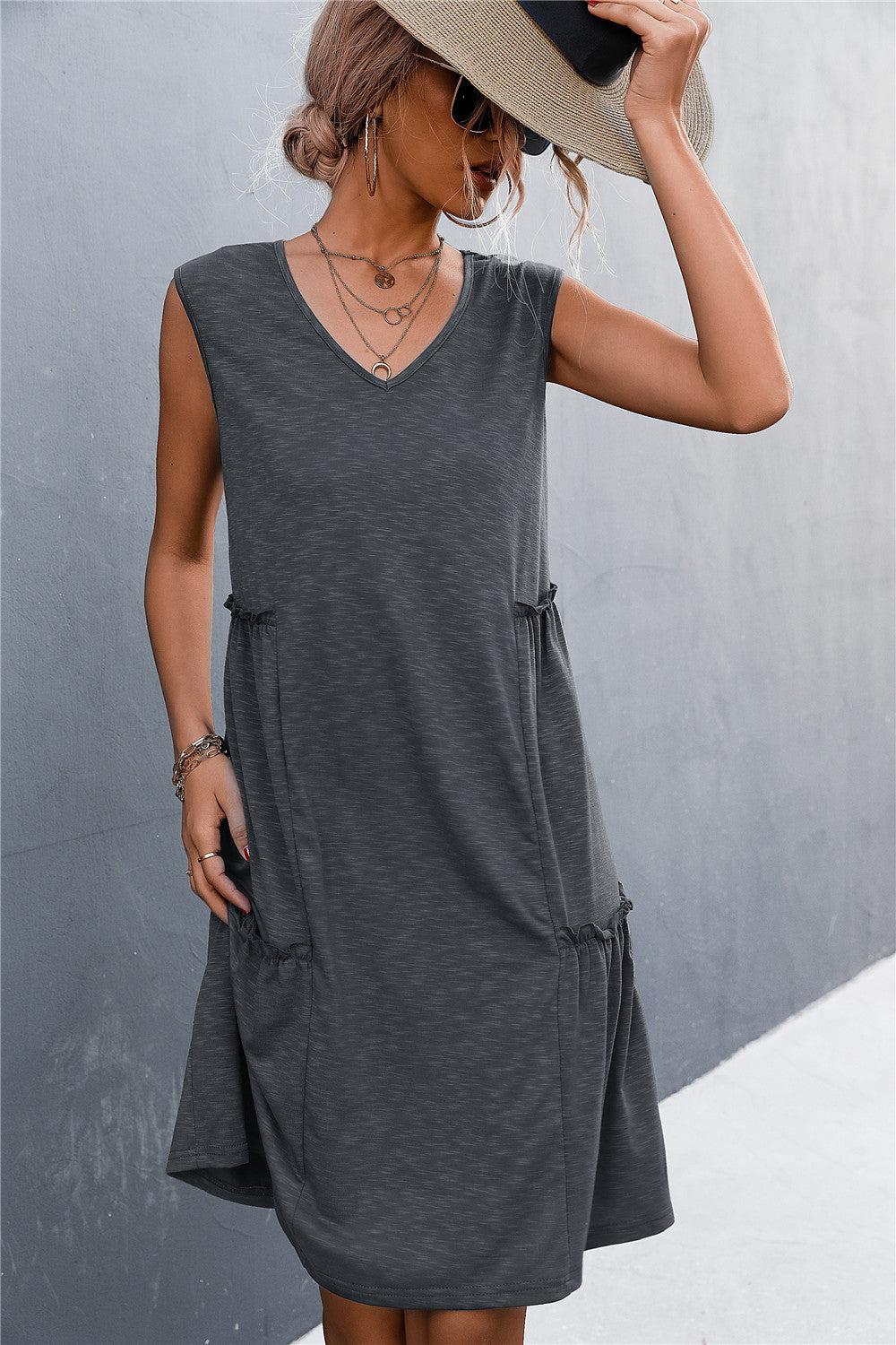 V-Neck Frill Trim Sleeveless Dress BLUE ZONE PLANET