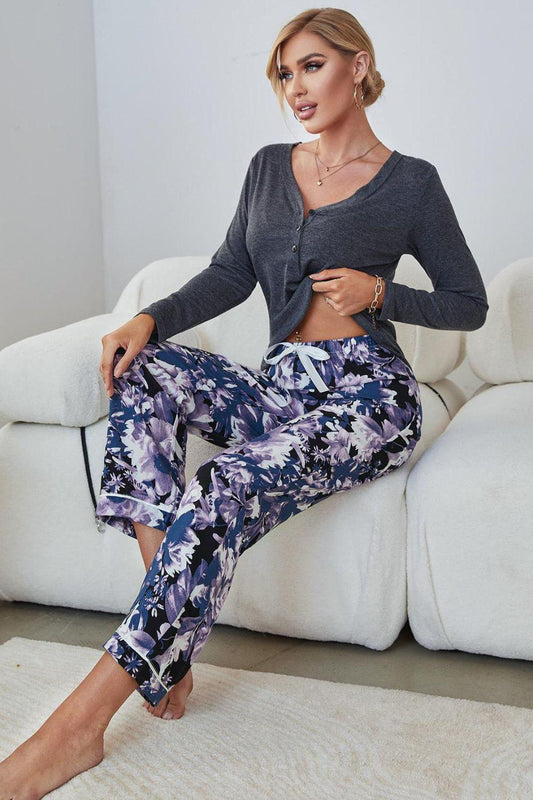 V-Neck Henley Top and Floral Pants Lounge Set BLUE ZONE PLANET