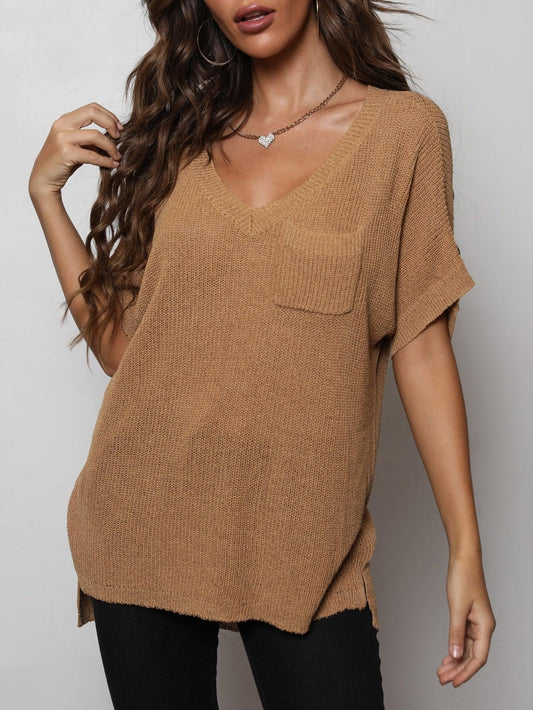 V-Neck Slit High-Low Knit Top BLUE ZONE PLANET