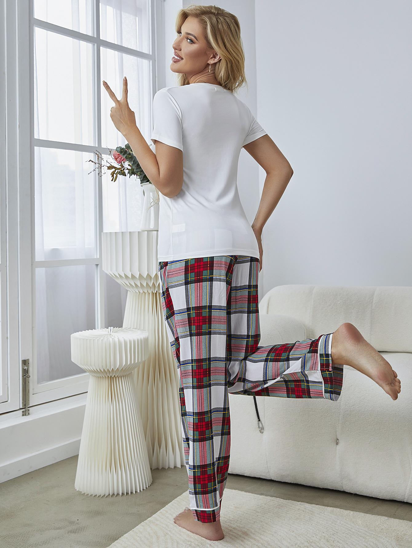 V-Neck Tee and Plaid Pants Lounge Set-TOPS / DRESSES-[Adult]-[Female]-2022 Online Blue Zone Planet