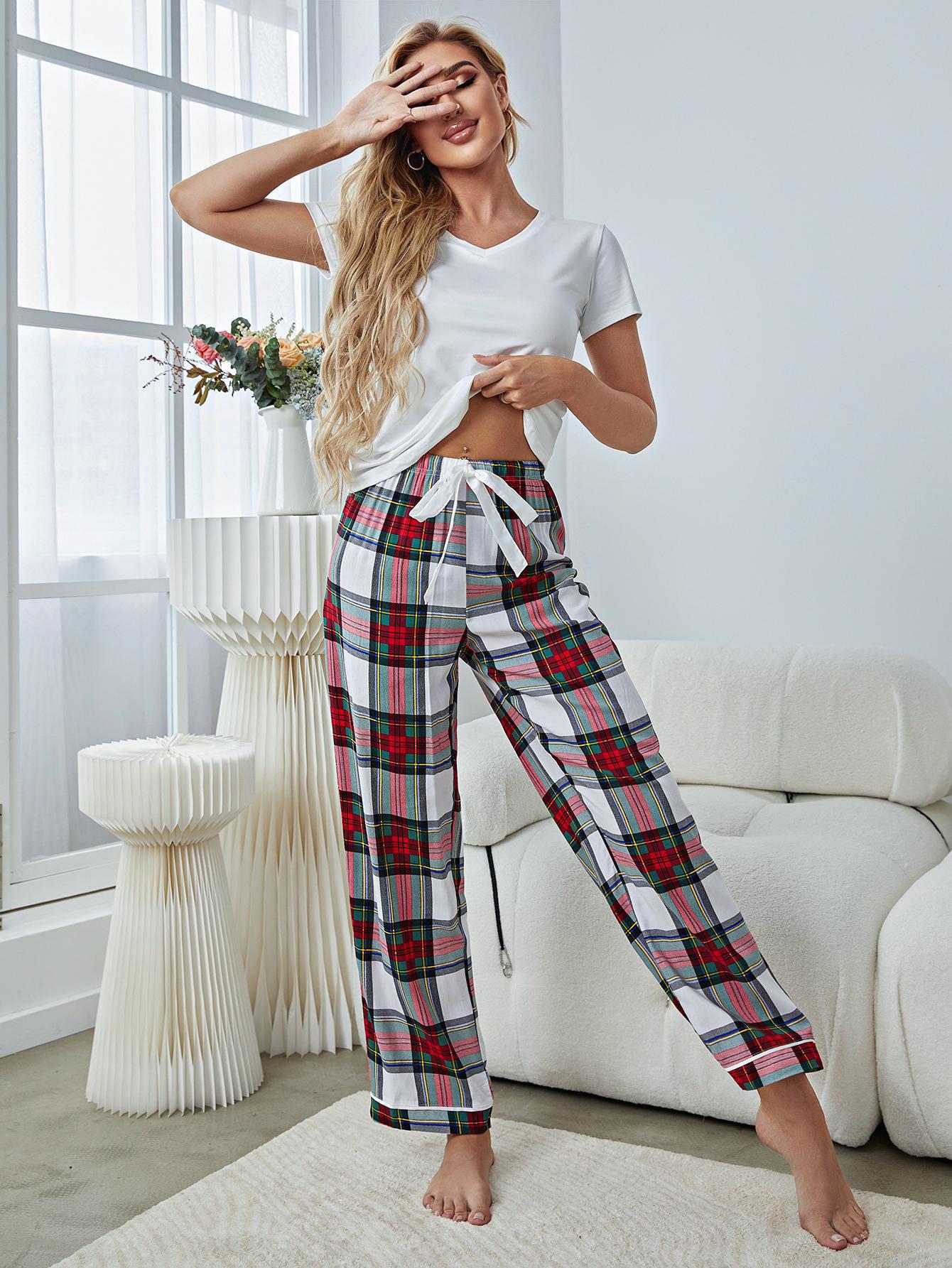 V-Neck Tee and Plaid Pants Lounge Set-TOPS / DRESSES-[Adult]-[Female]-White-S-2022 Online Blue Zone Planet