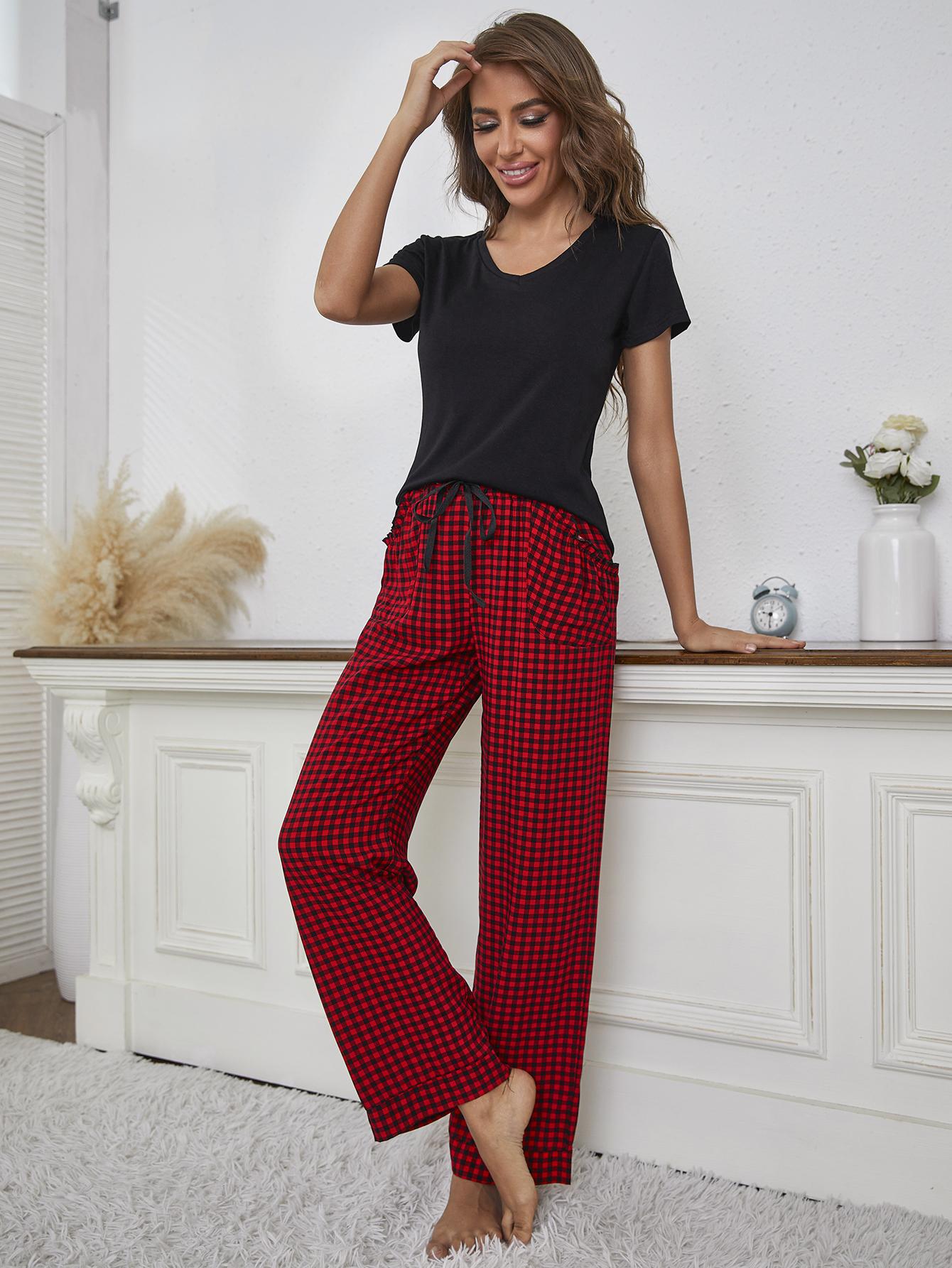 V-Neck Top and Gingham Pants Lounge Set BLUE ZONE PLANET