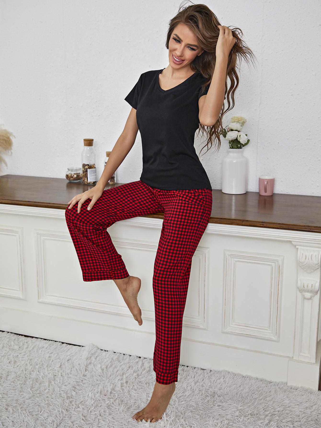 V-Neck Top and Gingham Pants Lounge Set BLUE ZONE PLANET
