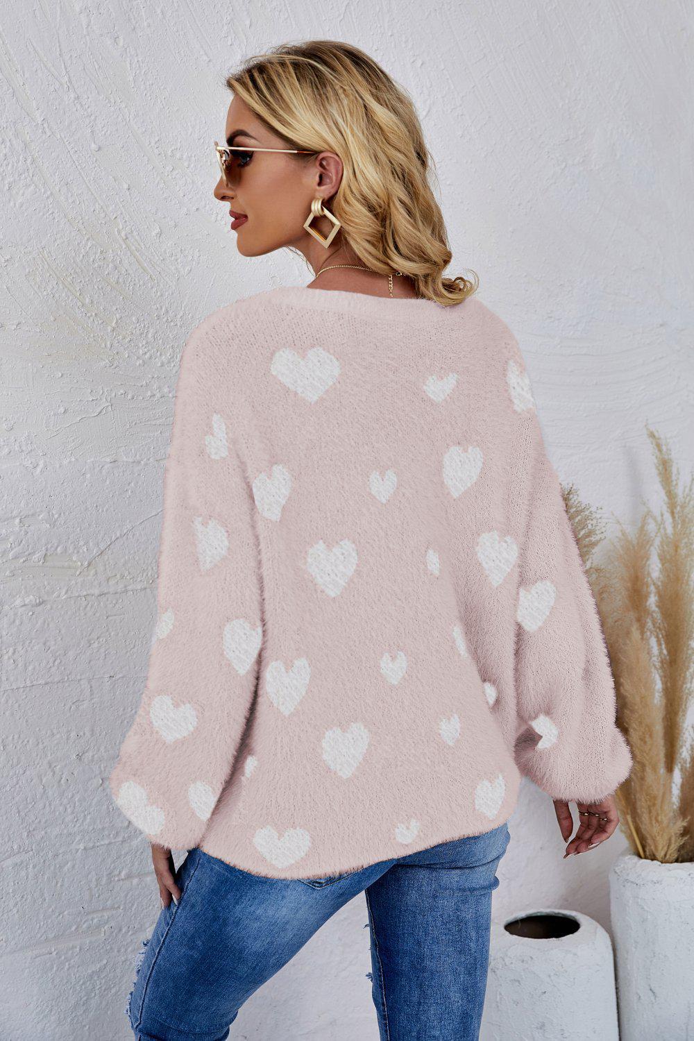Heart Print Fuzzy Crewneck Long Sleeve Sweater-TOPS / DRESSES-[Adult]-[Female]-Blue Zone Planet