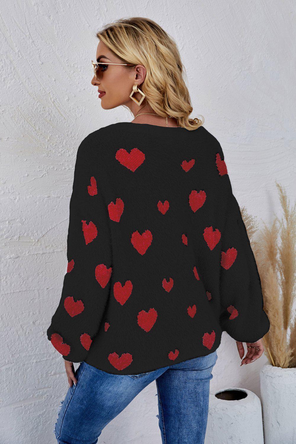 Heart Print Fuzzy Crewneck Long Sleeve Sweater-TOPS / DRESSES-[Adult]-[Female]-Blue Zone Planet