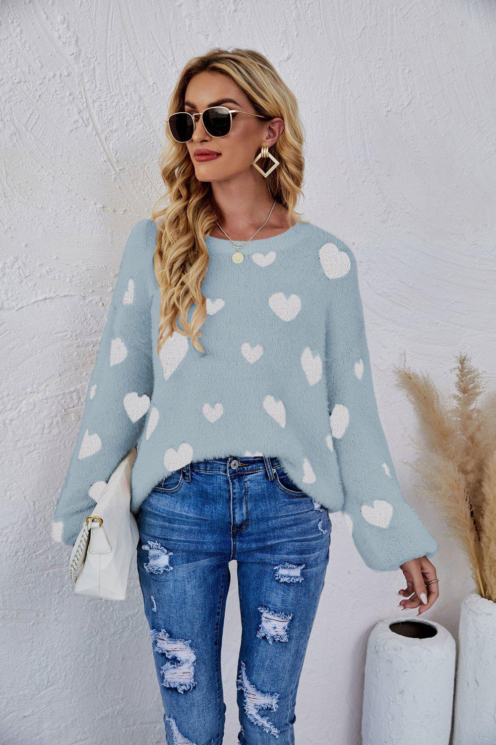 Heart Print Fuzzy Crewneck Long Sleeve Sweater-TOPS / DRESSES-[Adult]-[Female]-Blue-S-Blue Zone Planet