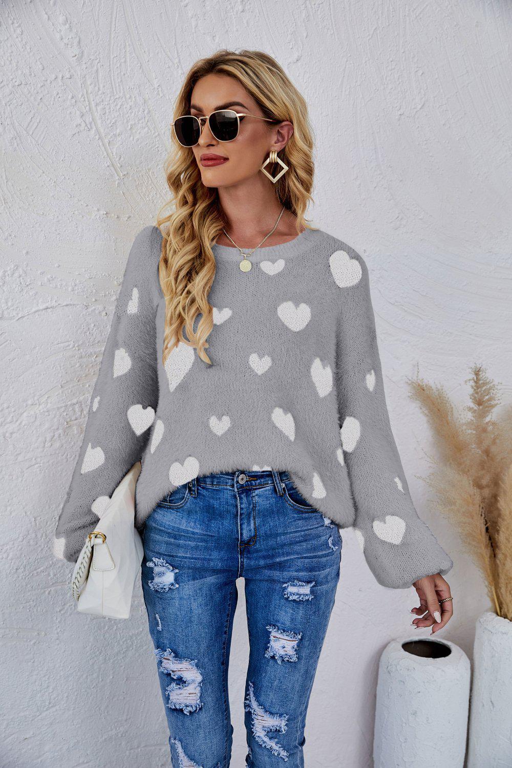 Heart Print Fuzzy Crewneck Long Sleeve Sweater-TOPS / DRESSES-[Adult]-[Female]-Gray-S-Blue Zone Planet