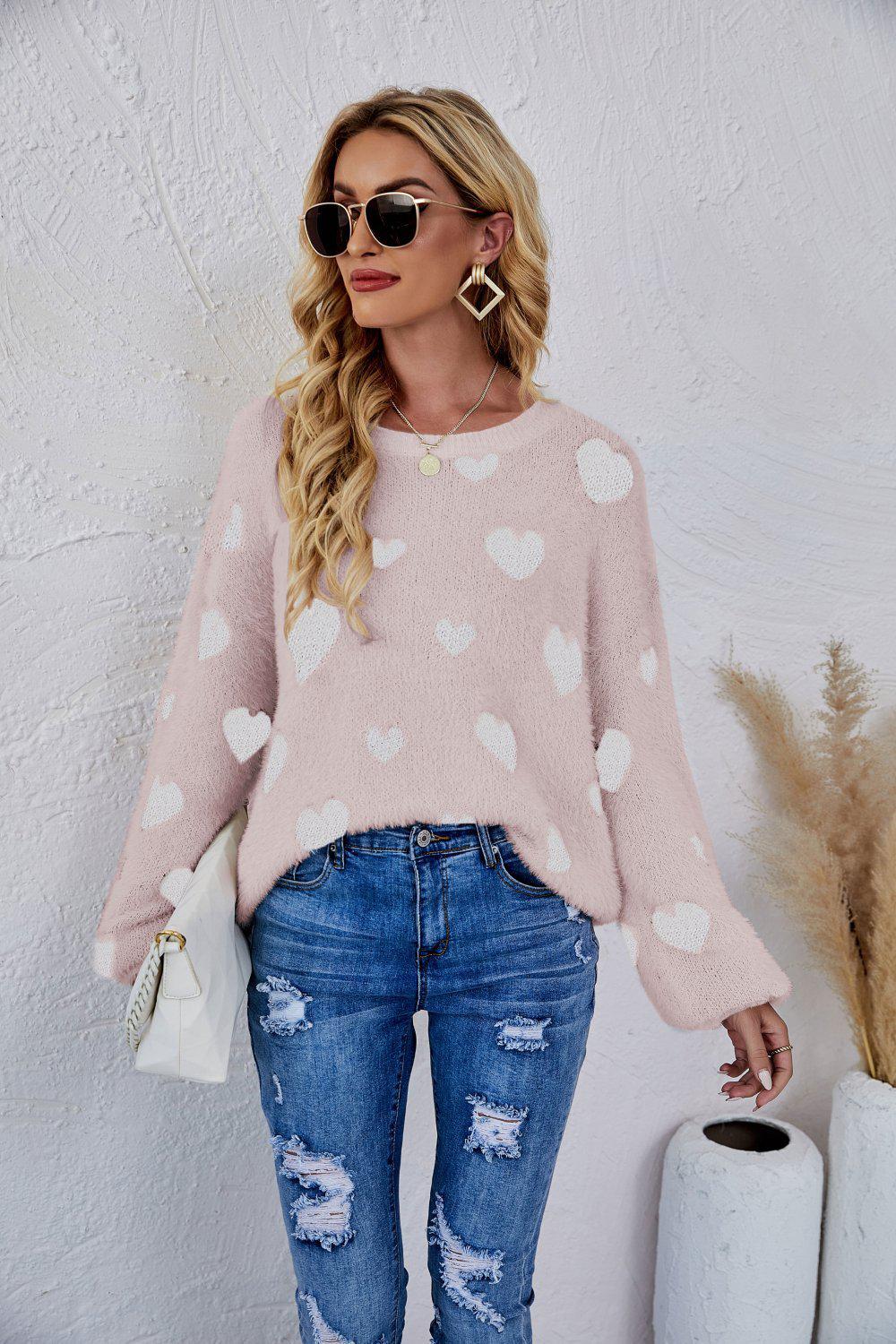 Heart Print Fuzzy Crewneck Long Sleeve Sweater-TOPS / DRESSES-[Adult]-[Female]-Pink-S-Blue Zone Planet