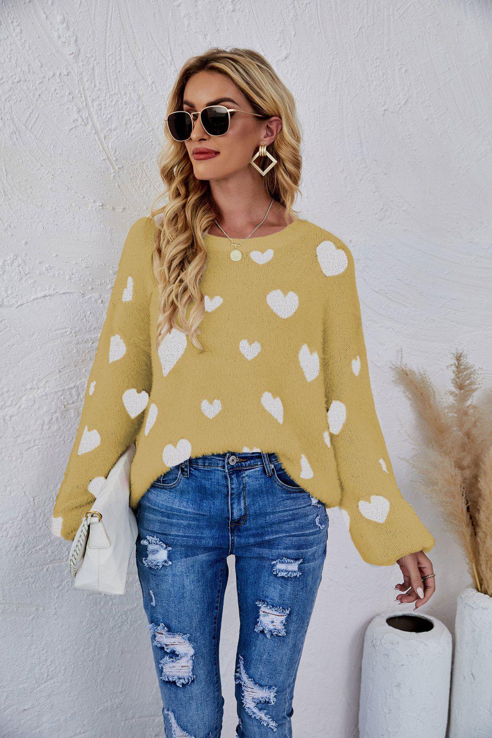 Heart Print Fuzzy Crewneck Long Sleeve Sweater-TOPS / DRESSES-[Adult]-[Female]-Yellow-S-Blue Zone Planet
