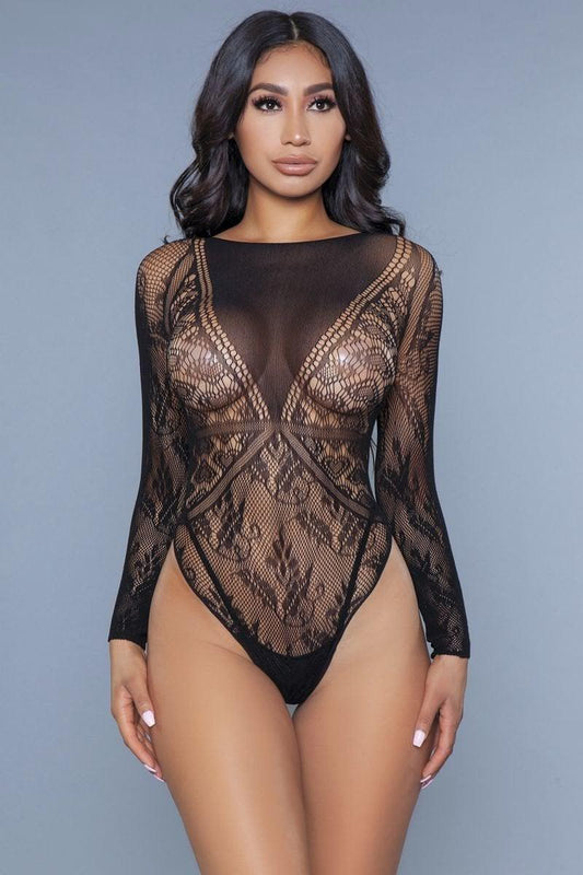 Heart Shape Detail With Floral Lace Bottom/sleeves Bodysuit-BODYSUIT-[Adult]-[Female]-Black-Blue Zone Planet