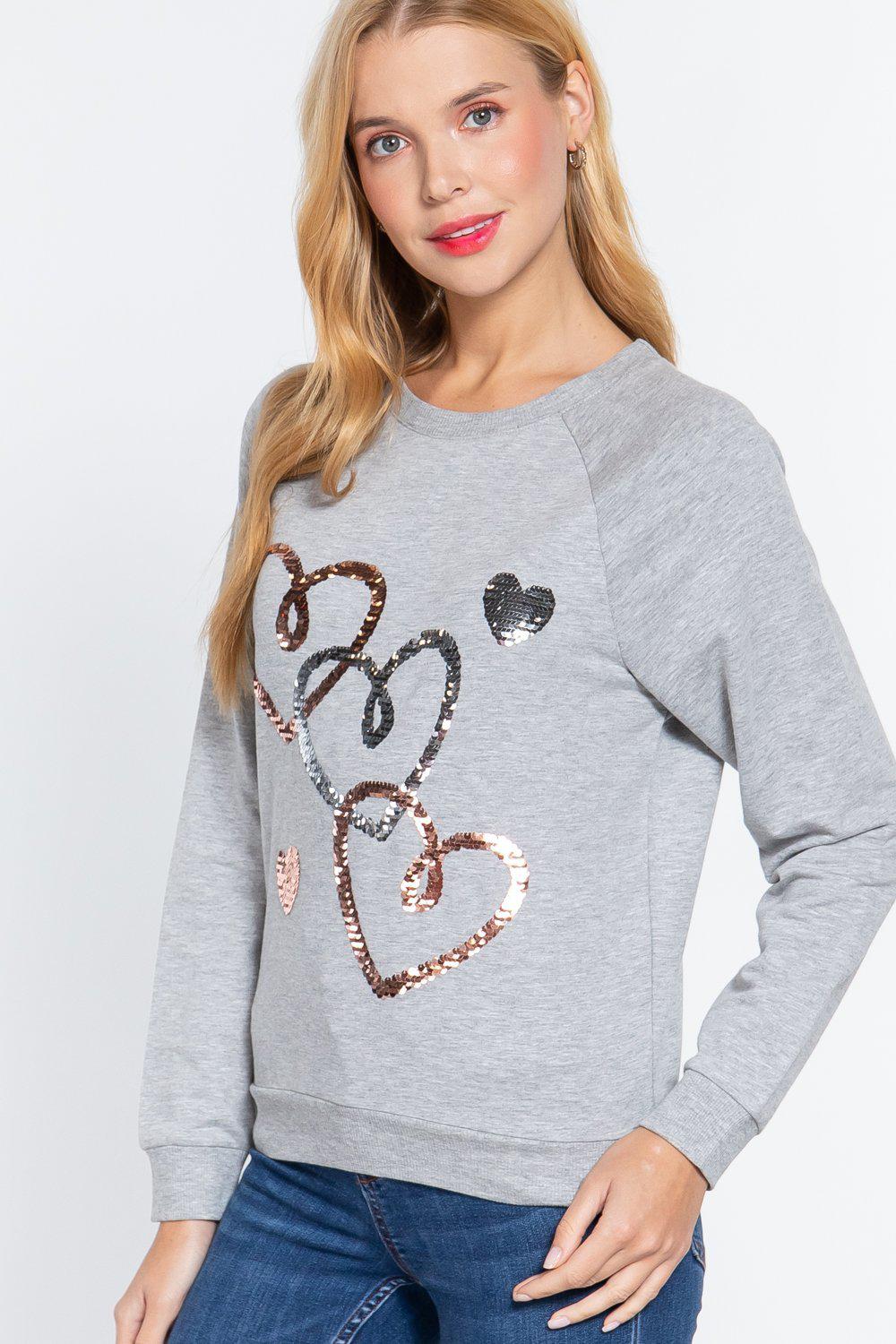 Valentine Hearts Sequins French Terry Pullover Top Blue Zone Planet