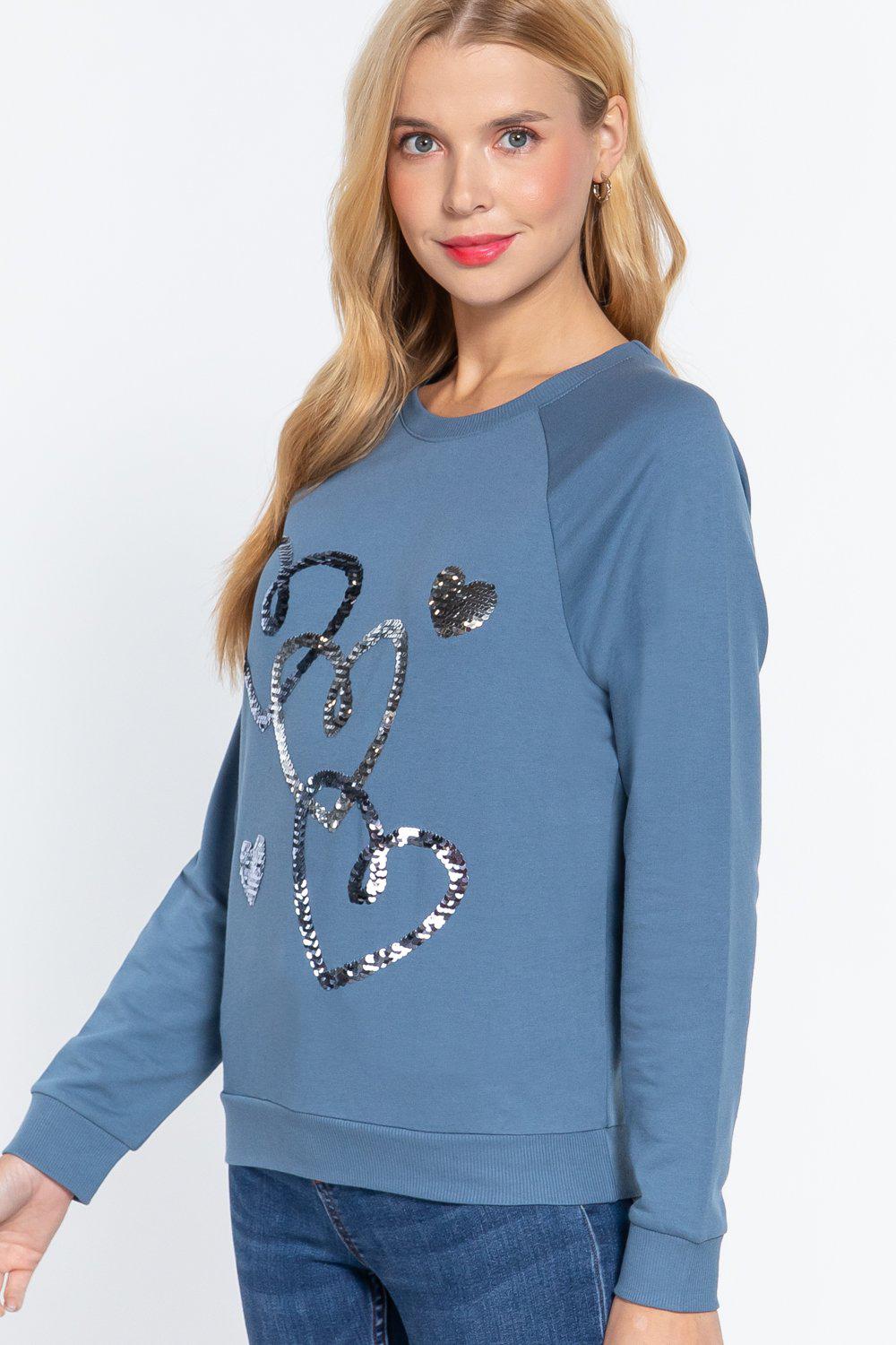 Valentine Hearts Sequins French Terry Pullover Top Blue Zone Planet