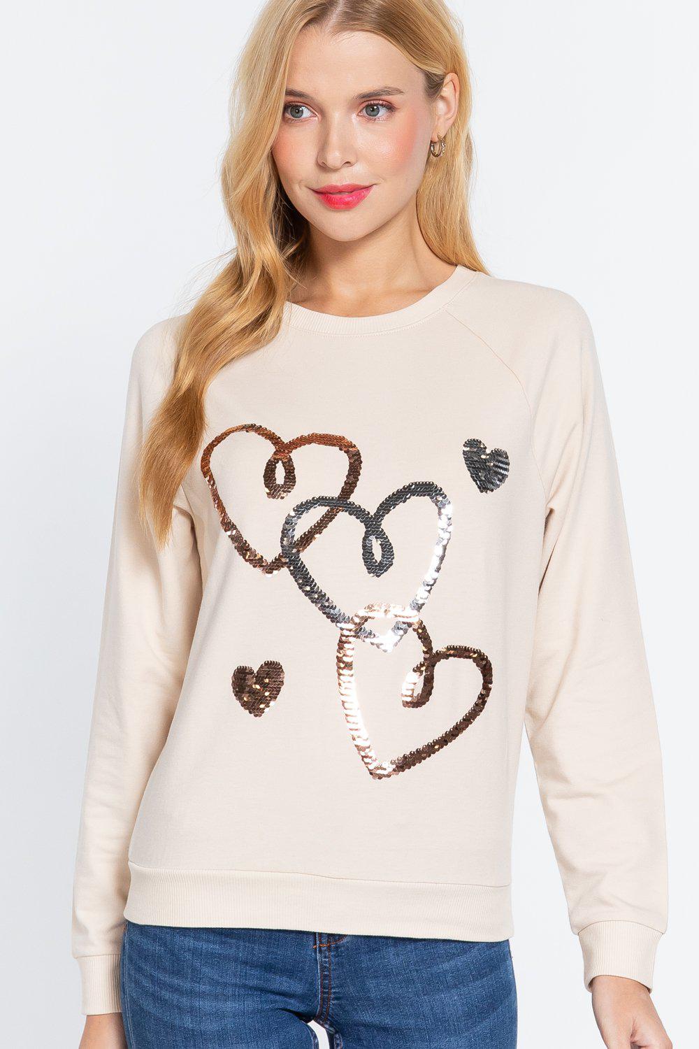 Valentine Hearts Sequins French Terry Pullover Top Blue Zone Planet