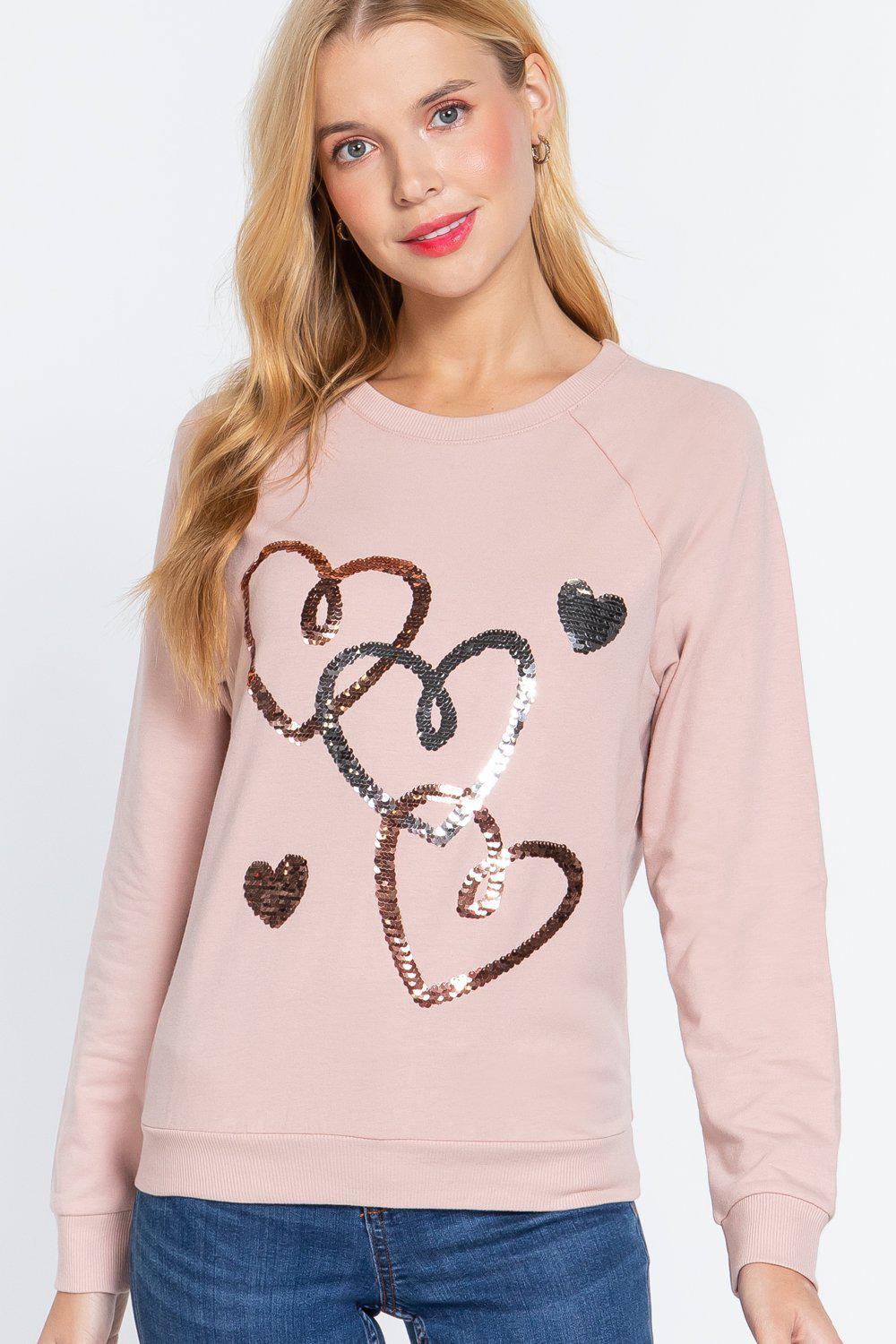 Valentine Hearts Sequins French Terry Pullover Top Blue Zone Planet