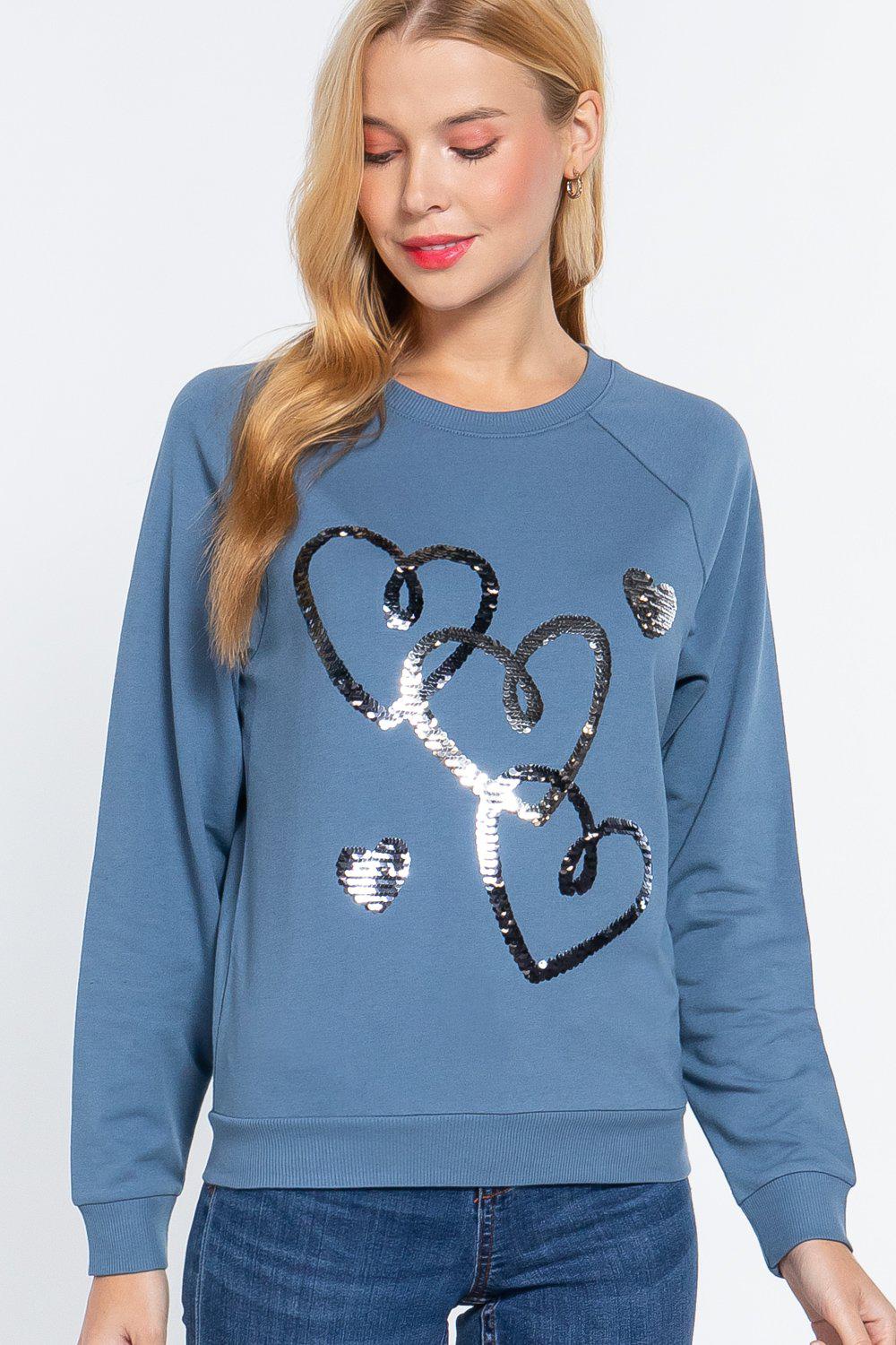 Valentine Hearts Sequins French Terry Pullover Top Blue Zone Planet