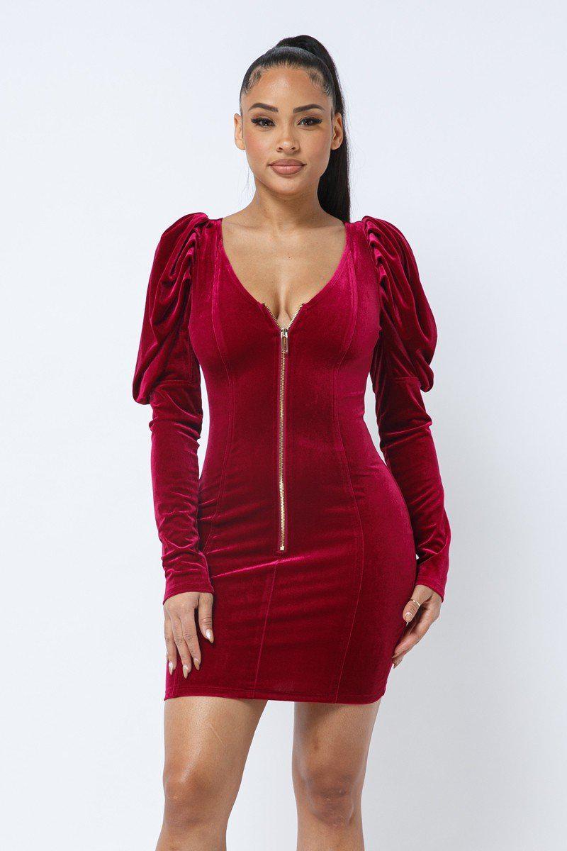 Soft Velvet Pleated Puff Sleeve Low V Neck Front And Back Mini Dress-[Adult]-[Female]-Blue Zone Planet