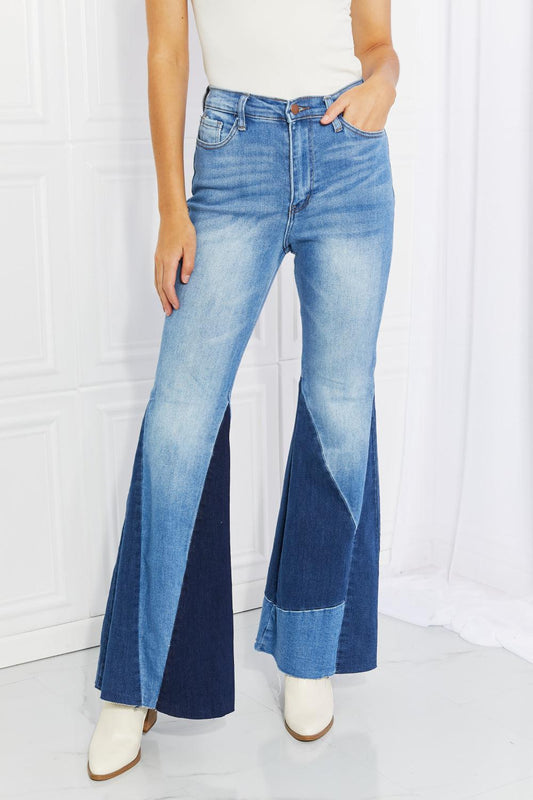 Vibrant Sienna Full Size Color Block Flare Jeans BLUE ZONE PLANET