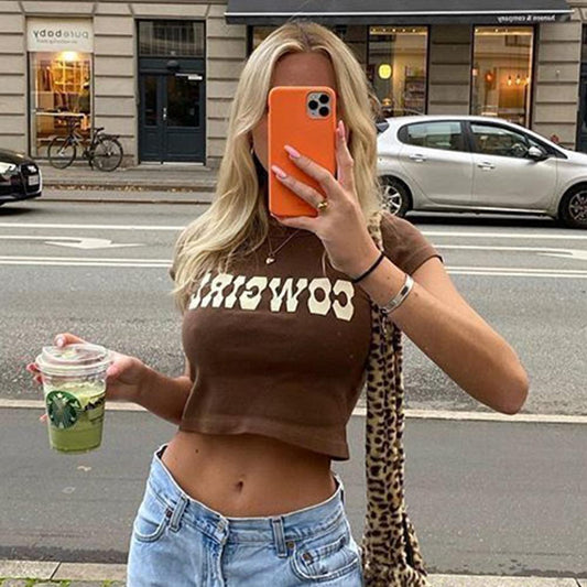 Vintage High Waist COWGIRL Letter Printed Cotton T-shirt Blue Zone Planet