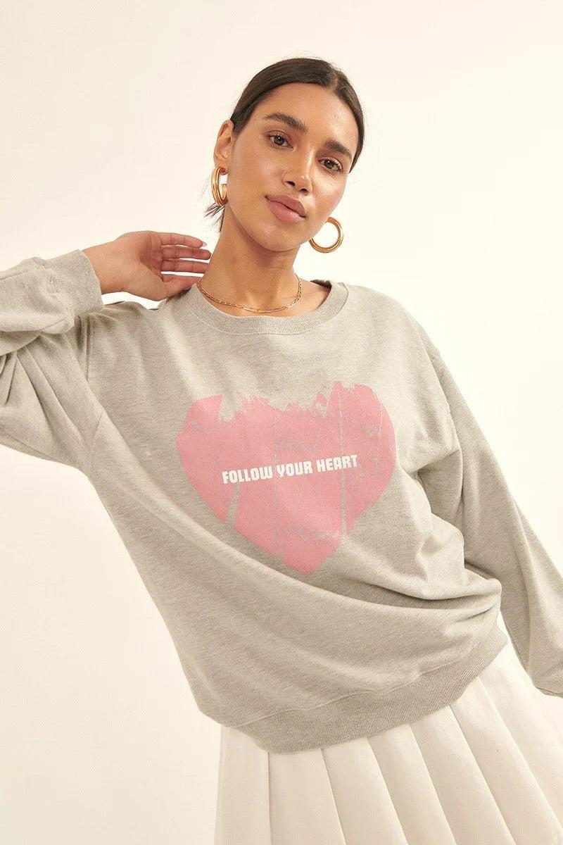 Vintage-style Heart Graphic Print French Terry Knit Sweatshirt Blue Zone Planet