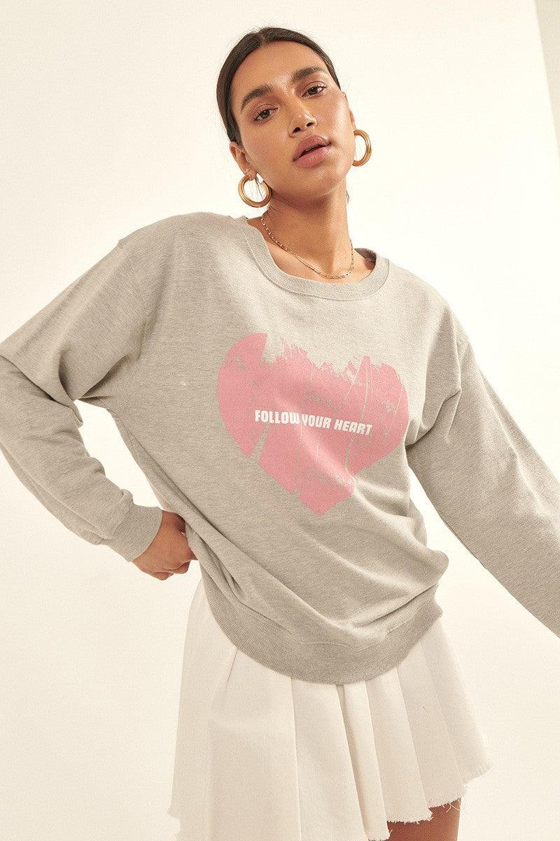 Vintage-style Heart Graphic Print French Terry Knit Sweatshirt Blue Zone Planet