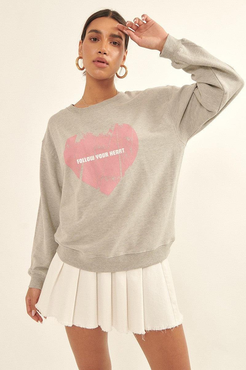Vintage-style Heart Graphic Print French Terry Knit Sweatshirt Blue Zone Planet