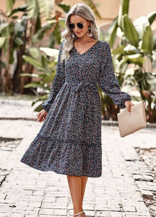 V-Neck Puff Sleeve Swing Skirt Dress kakaclo