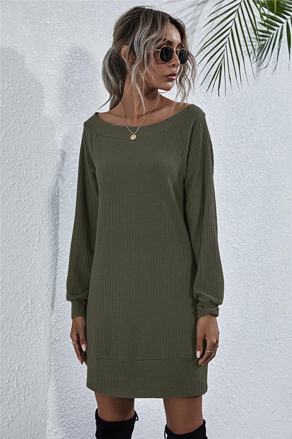 Waffle-Knit Boat Neck Mini Dress-TOPS / DRESSES-[Adult]-[Female]-Army Green-S-2022 Online Blue Zone Planet