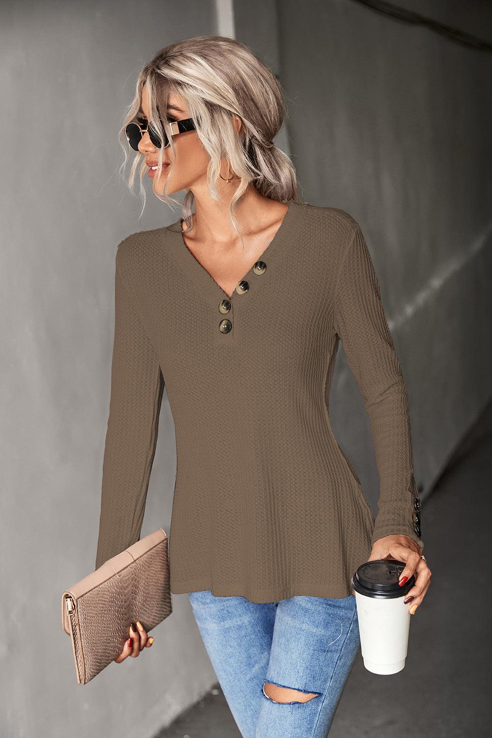 Waffle-Knit Button Detail V-Neck Top-TOPS / DRESSES-[Adult]-[Female]-Blue Zone Planet