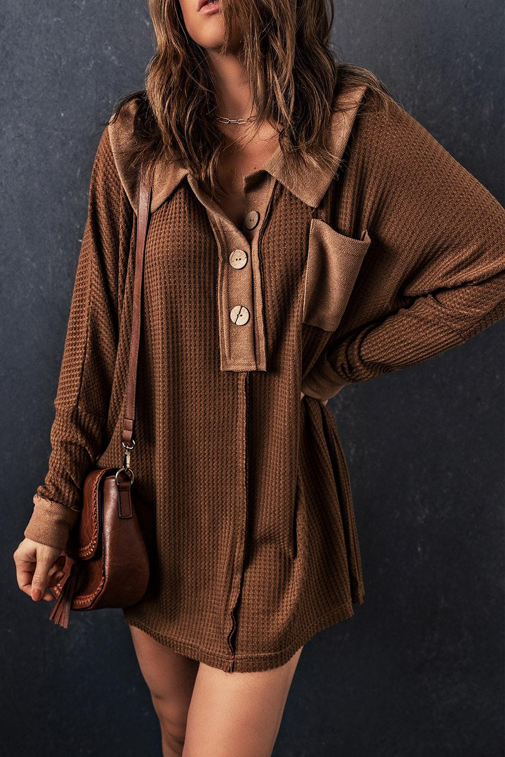 Waffle Knit Buttoned Long Sleeve Top with Breast Pocket BLUE ZONE PLANET