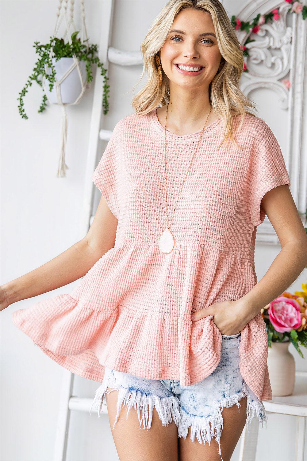 Waffle-Knit Buttoned Ruffle Hem Top BLUE ZONE PLANET