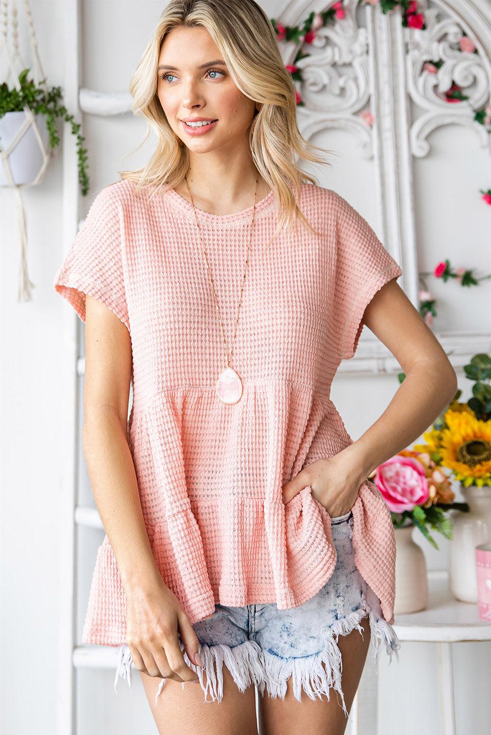 Waffle-Knit Buttoned Ruffle Hem Top BLUE ZONE PLANET