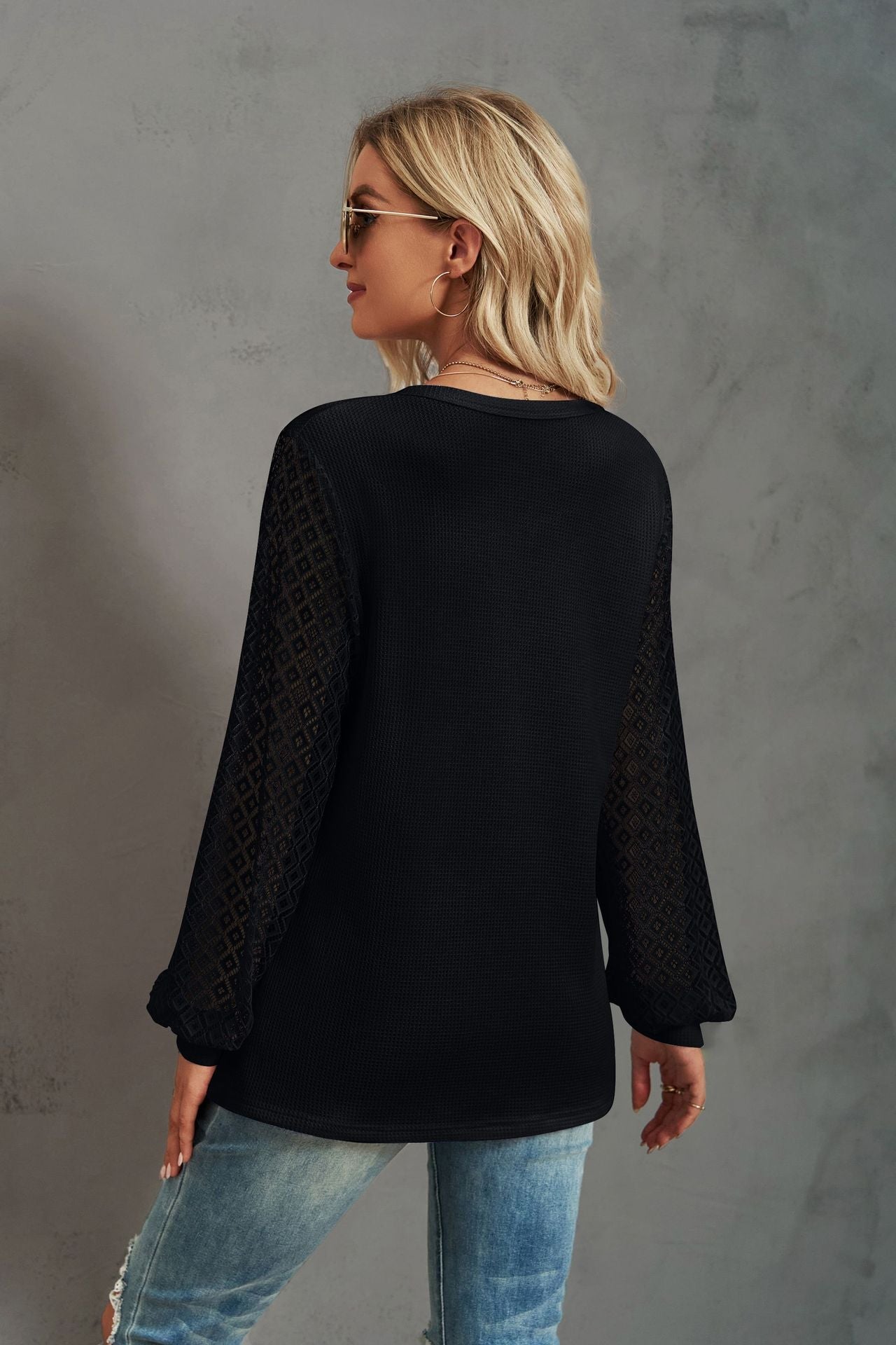 Waffle-Knit Lace Lantern Sleeve Henley Top-TOPS / DRESSES-[Adult]-[Female]-2022 Online Blue Zone Planet