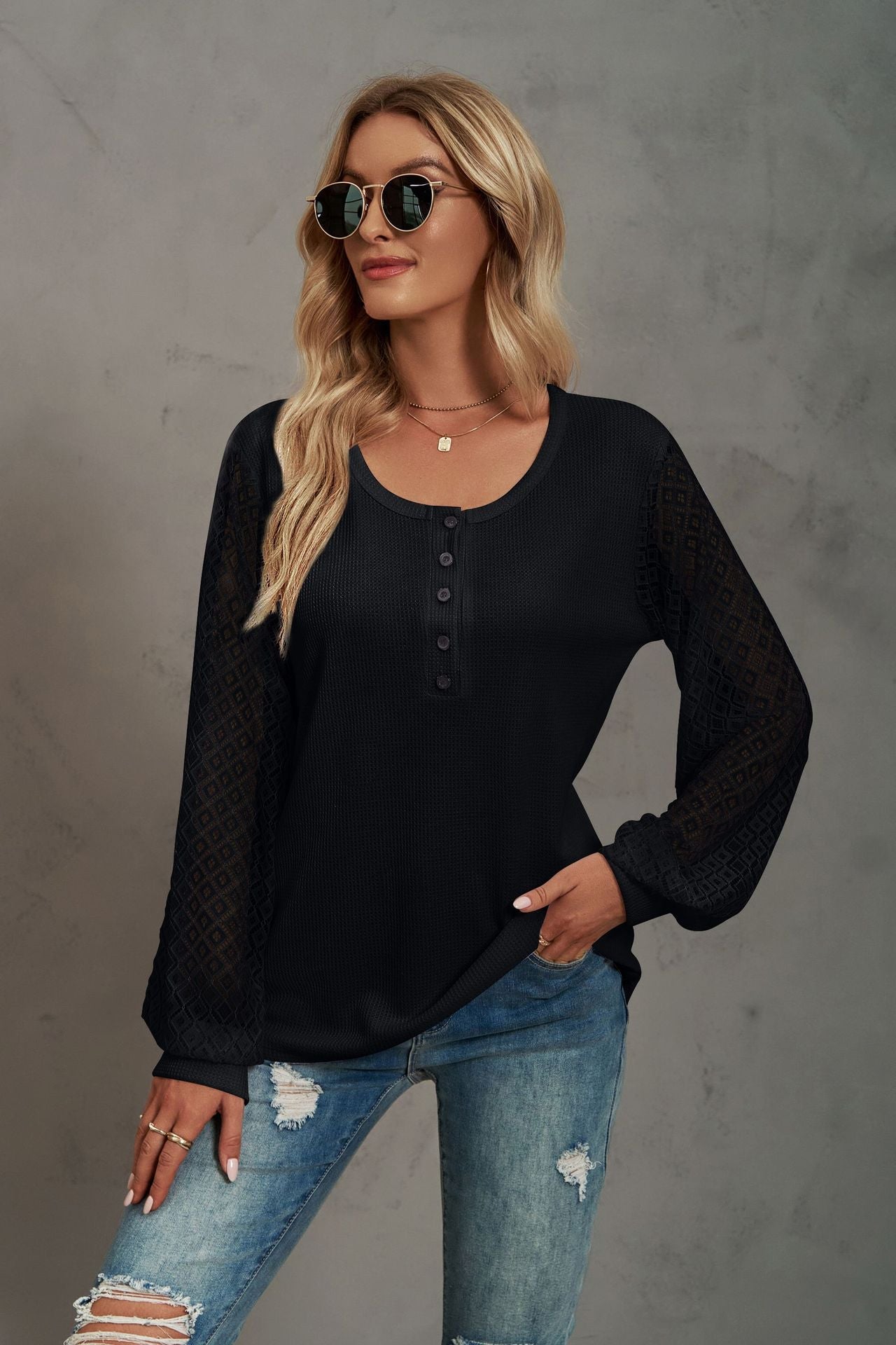 Waffle-Knit Lace Lantern Sleeve Henley Top-TOPS / DRESSES-[Adult]-[Female]-Black-S-2022 Online Blue Zone Planet