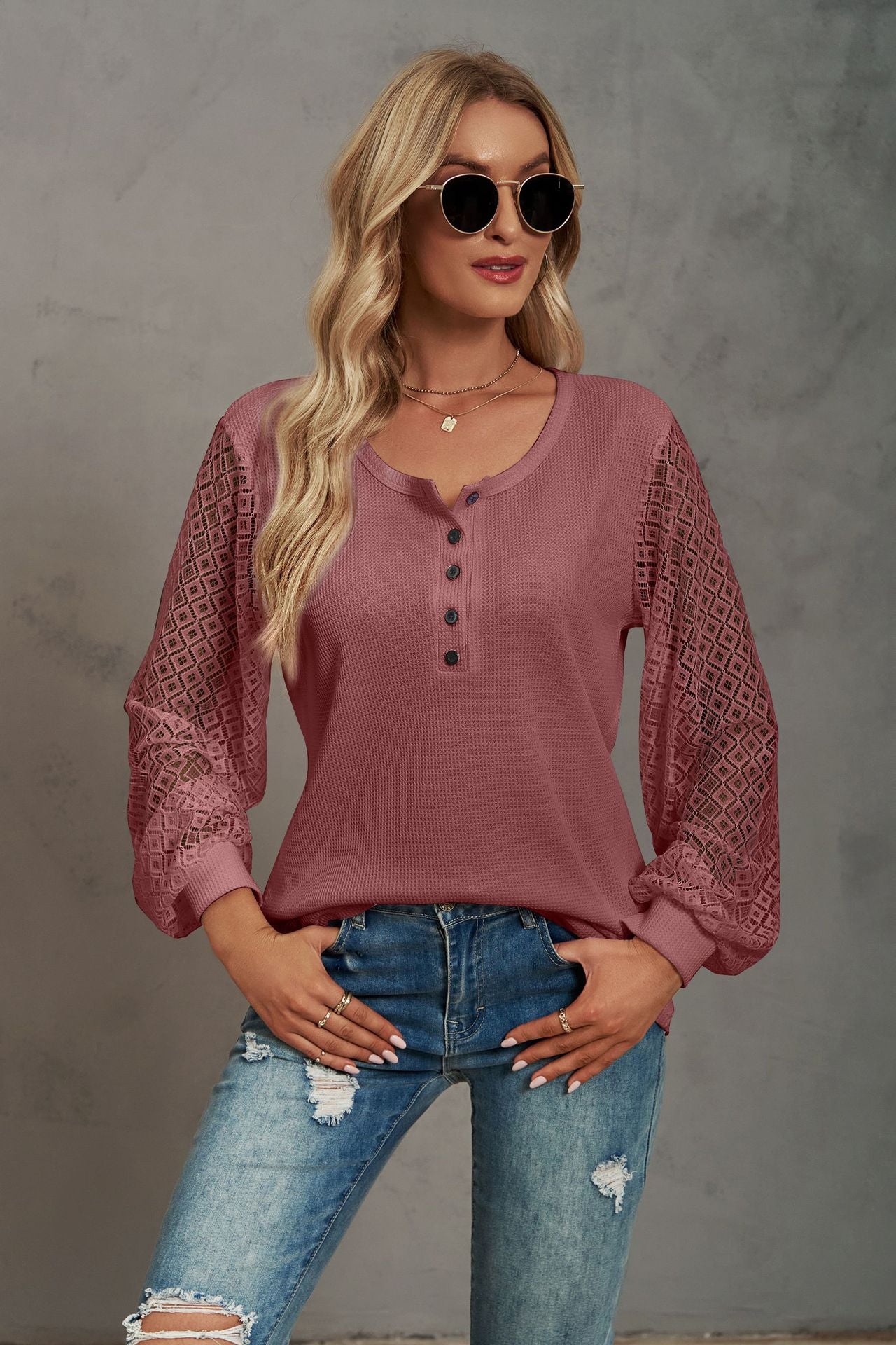 Waffle-Knit Lace Lantern Sleeve Henley Top-TOPS / DRESSES-[Adult]-[Female]-Mauve-S-2022 Online Blue Zone Planet