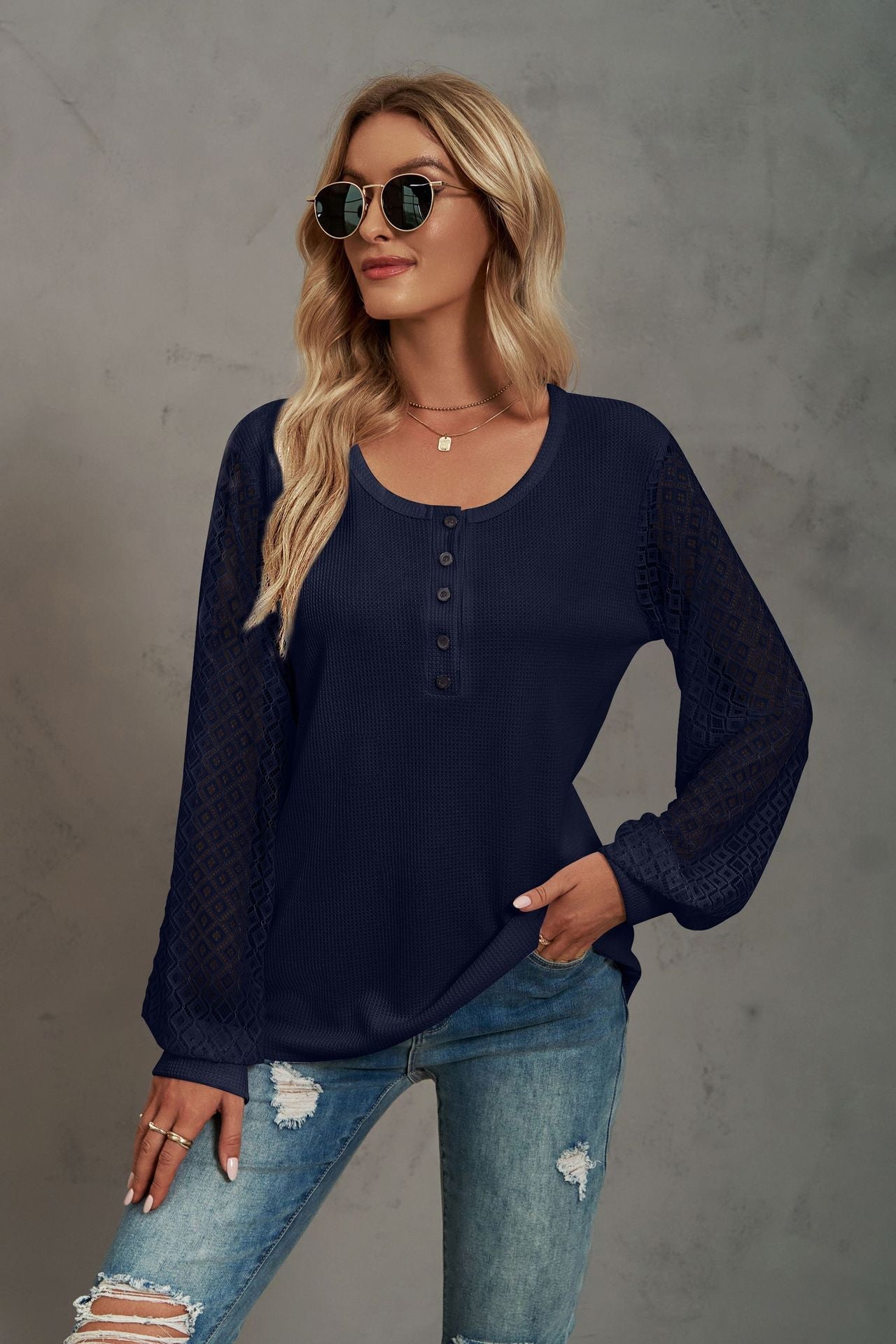 Waffle-Knit Lace Lantern Sleeve Henley Top-TOPS / DRESSES-[Adult]-[Female]-Navy-S-2022 Online Blue Zone Planet