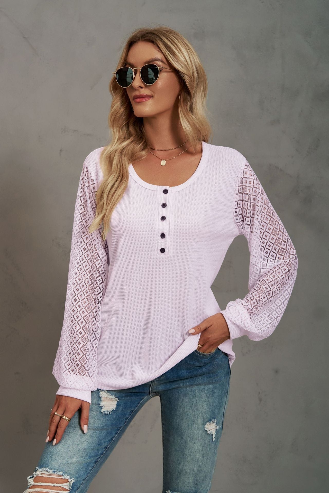 Waffle-Knit Lace Lantern Sleeve Henley Top-TOPS / DRESSES-[Adult]-[Female]-Pink-S-2022 Online Blue Zone Planet