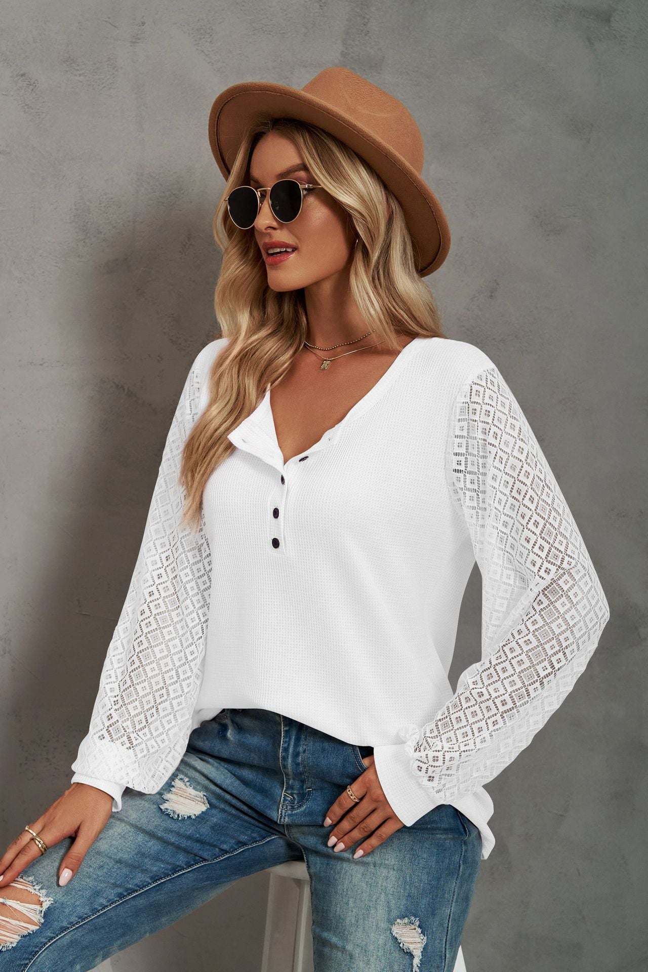 Waffle-Knit Lace Lantern Sleeve Henley Top-TOPS / DRESSES-[Adult]-[Female]-White-S-2022 Online Blue Zone Planet