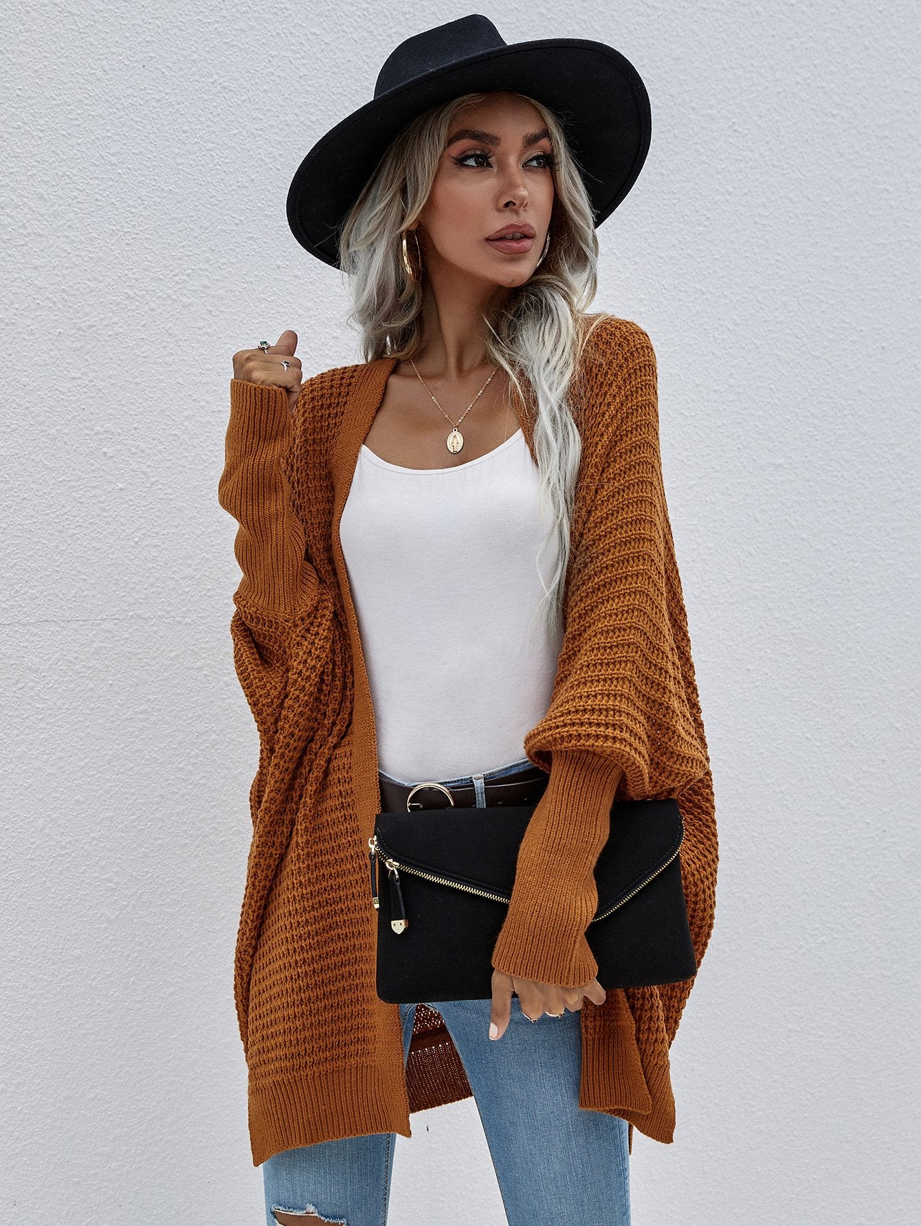Waffle Knit Open Front Cardigan-TOPS / DRESSES-[Adult]-[Female]-Brown-S-Blue Zone Planet