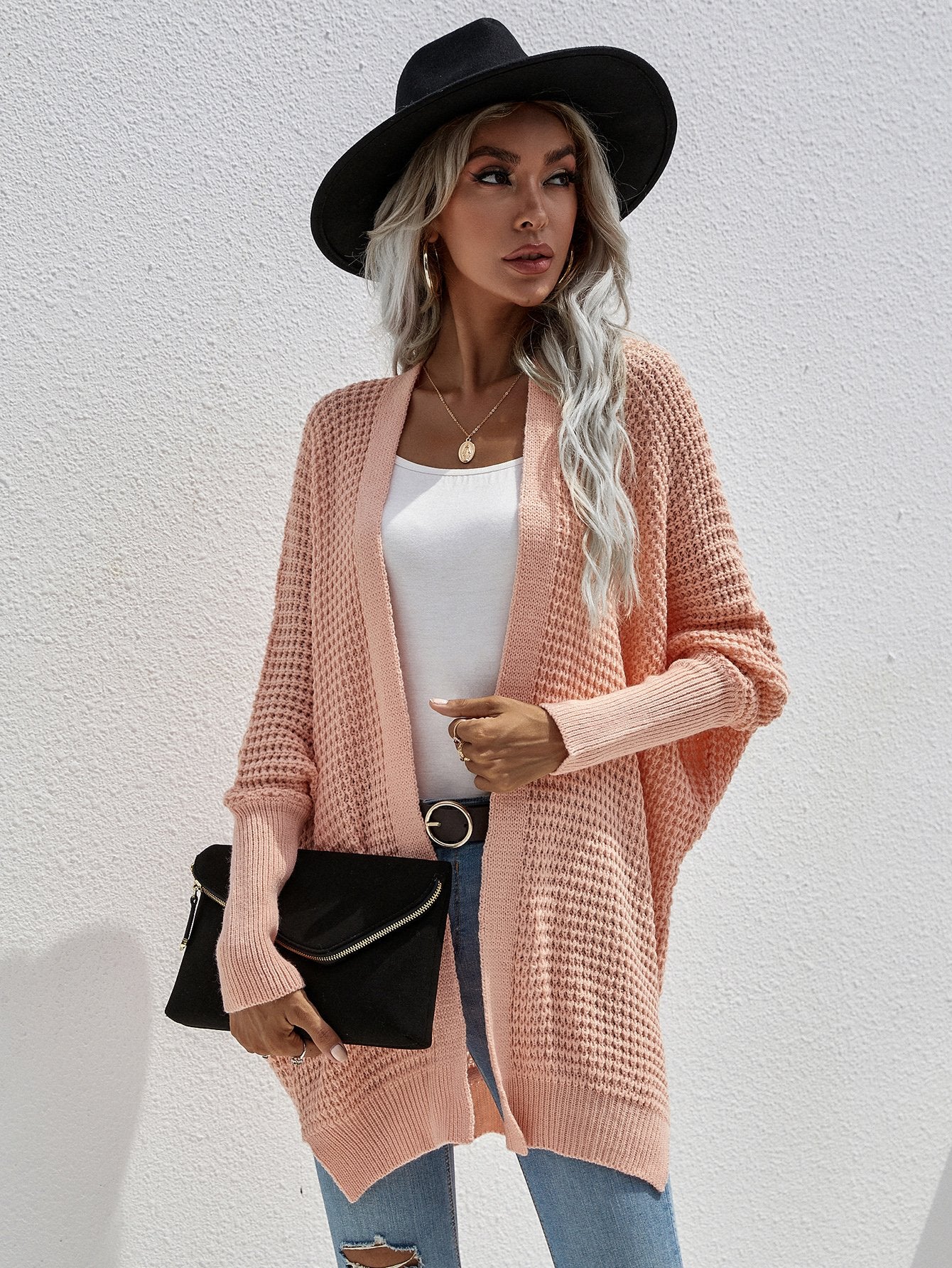 Waffle Knit Open Front Cardigan-TOPS / DRESSES-[Adult]-[Female]-Pink-S-Blue Zone Planet
