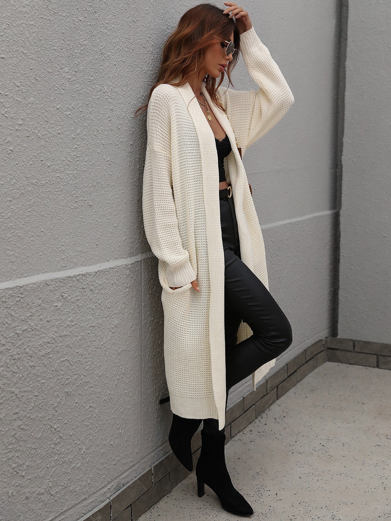 Waffle Knit Open Front Duster Cardigan With Pockets BLUE ZONE PLANET