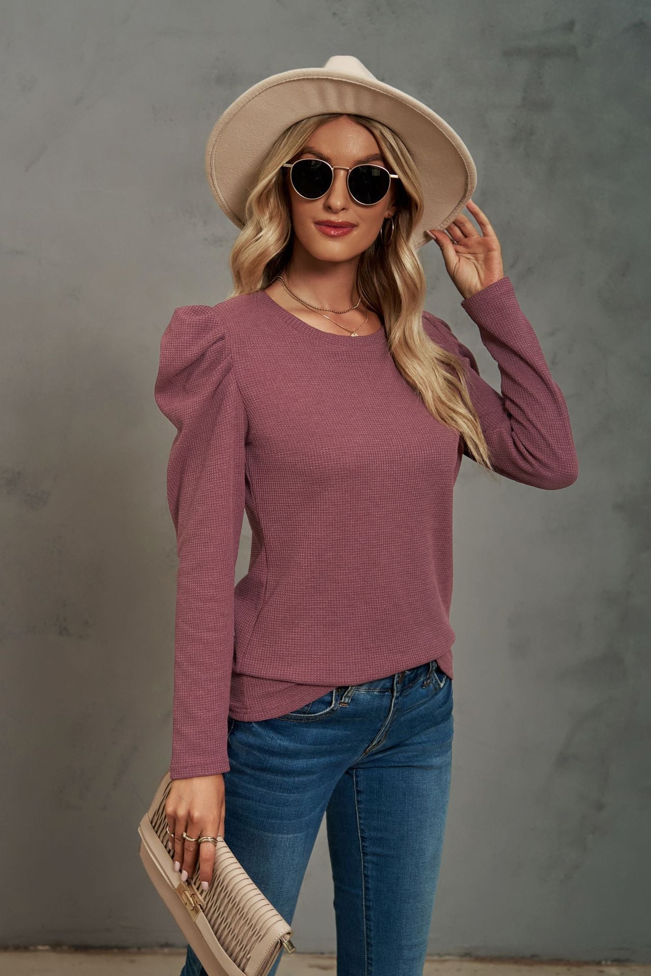 Waffle-Knit Puff Sleeve Round Neck Top BLUE ZONE PLANET