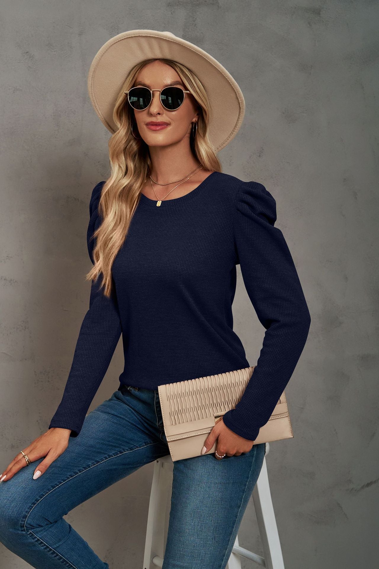 Waffle-Knit Puff Sleeve Round Neck Top BLUE ZONE PLANET