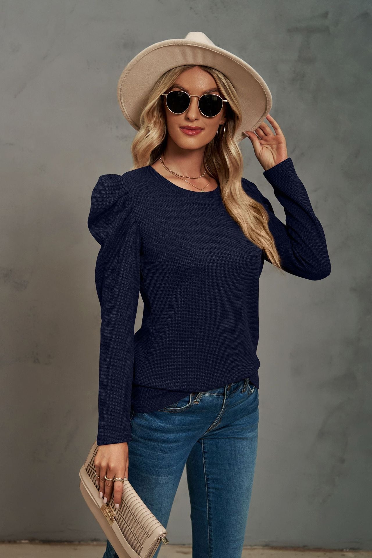 Waffle-Knit Puff Sleeve Round Neck Top-TOPS / DRESSES-[Adult]-[Female]-2022 Online Blue Zone Planet