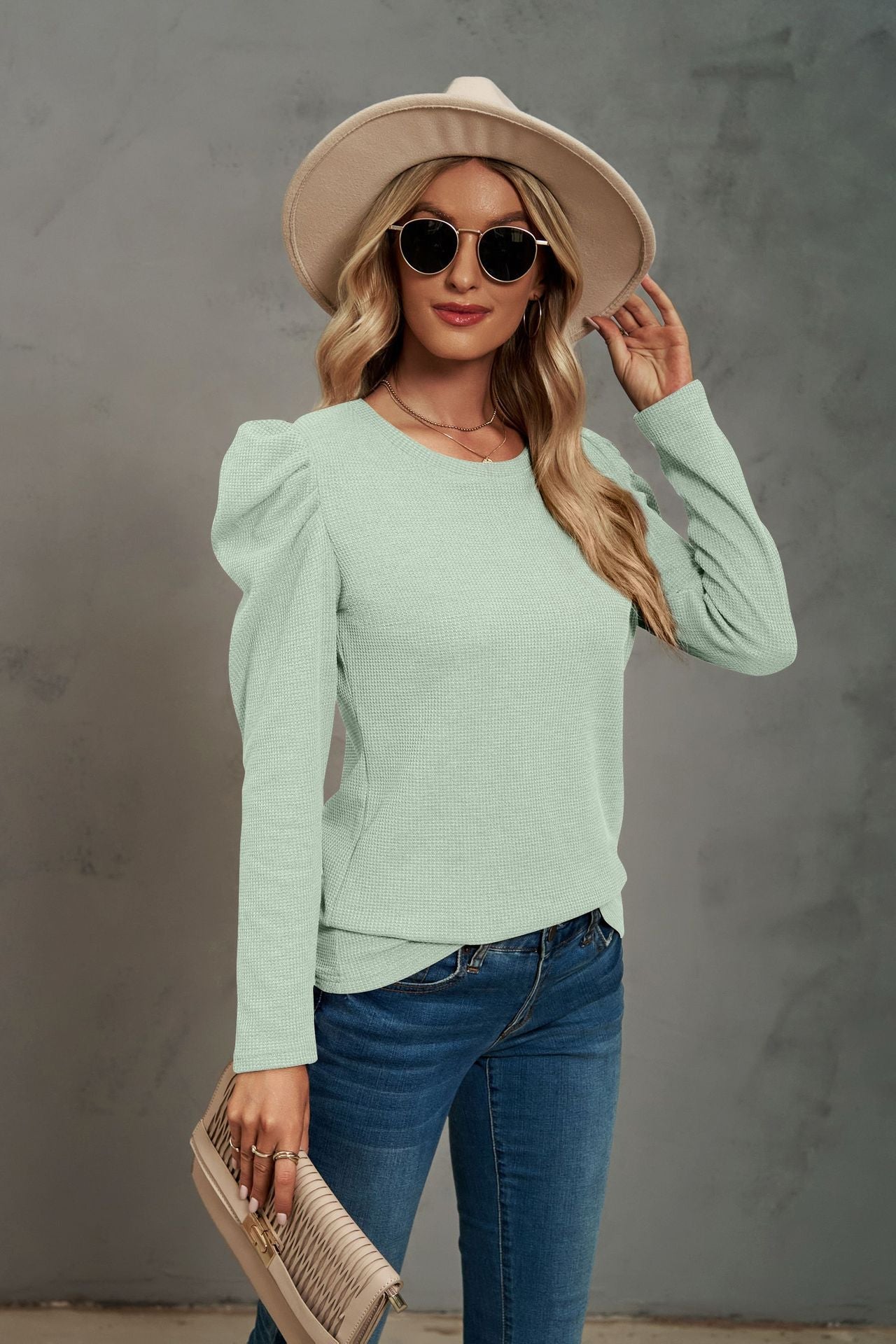 Waffle-Knit Puff Sleeve Round Neck Top BLUE ZONE PLANET