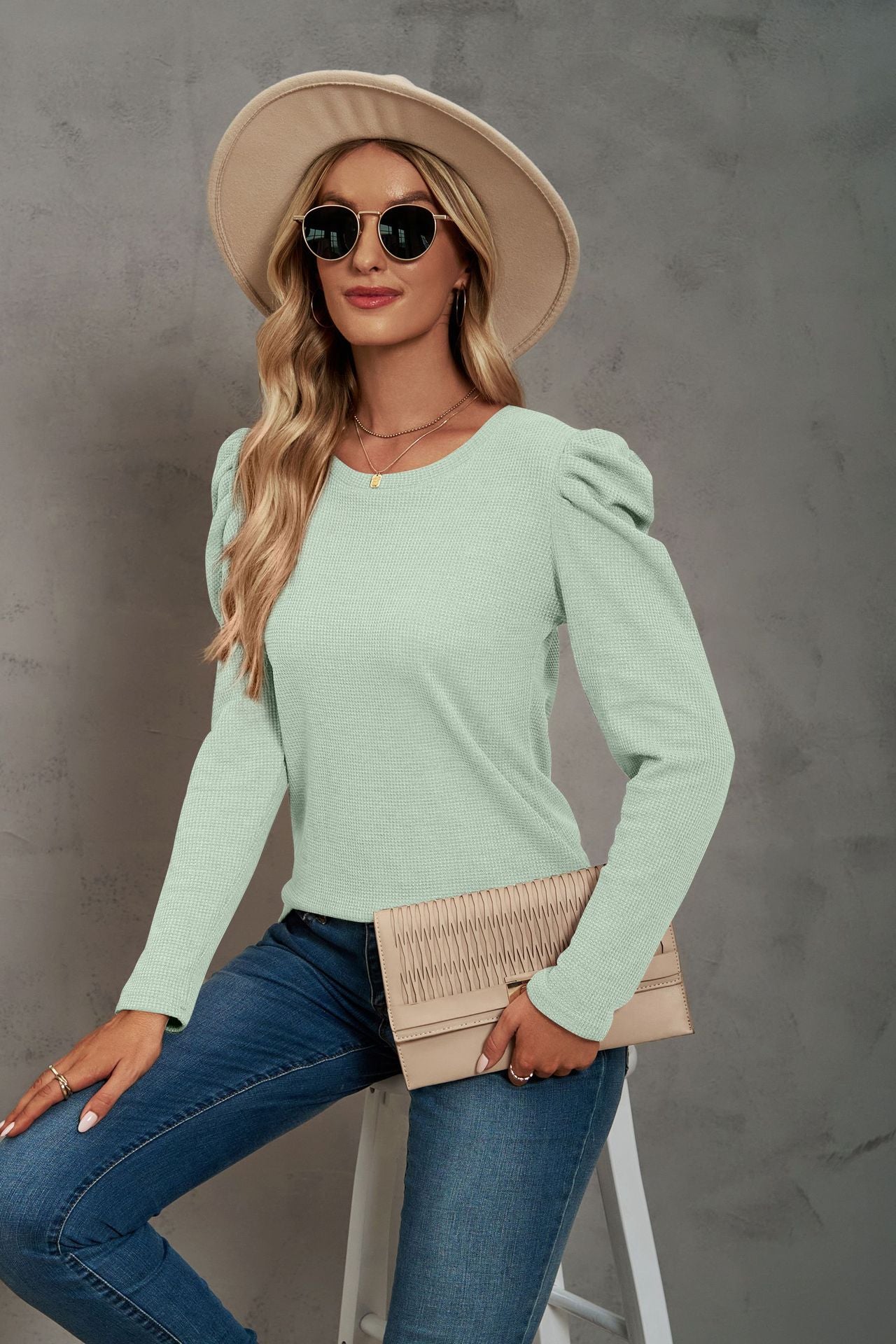 Waffle-Knit Puff Sleeve Round Neck Top BLUE ZONE PLANET